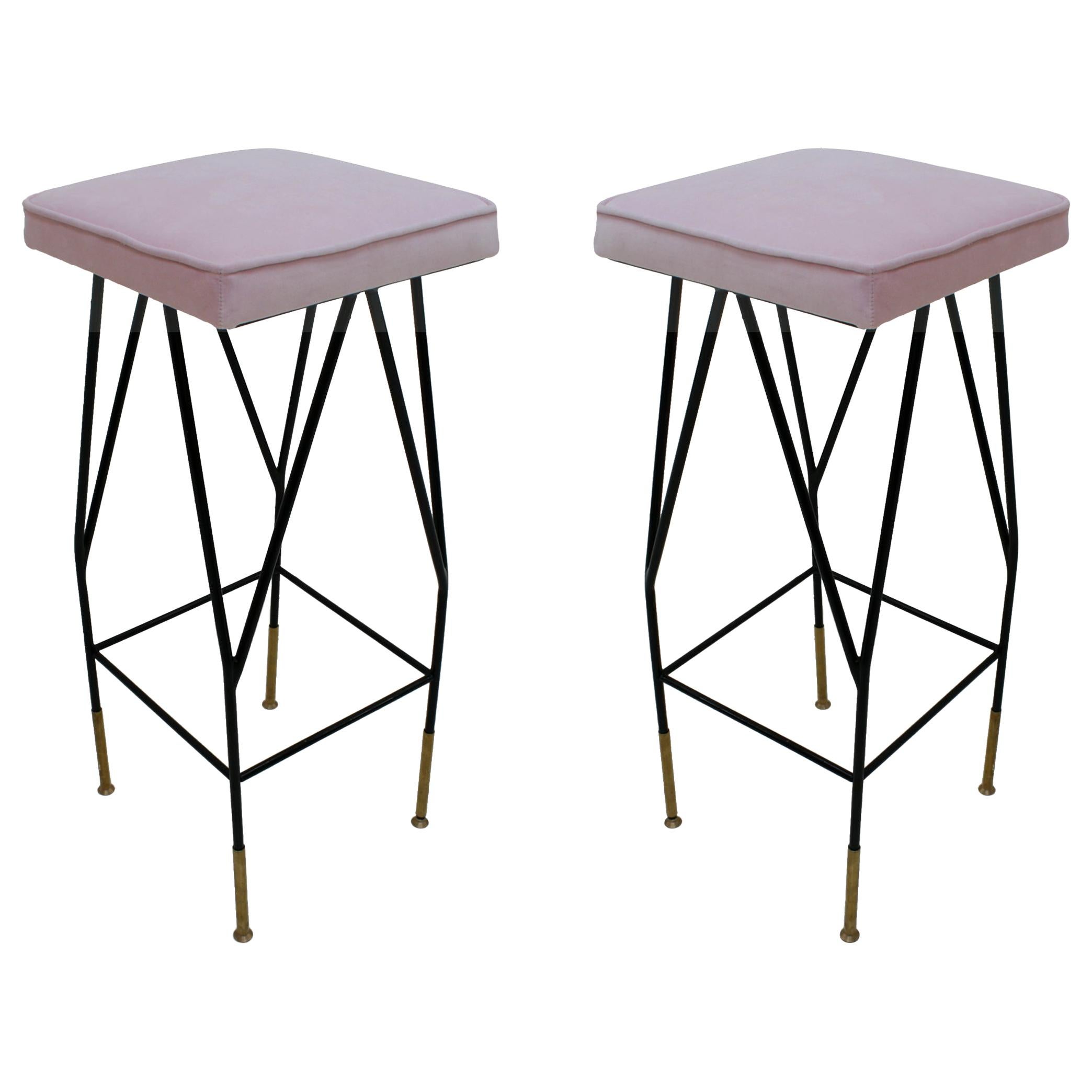 Pink Cotton Velvet and Black Lacquered Metal Italian Stools In Good Condition For Sale In Ibiza, Spain