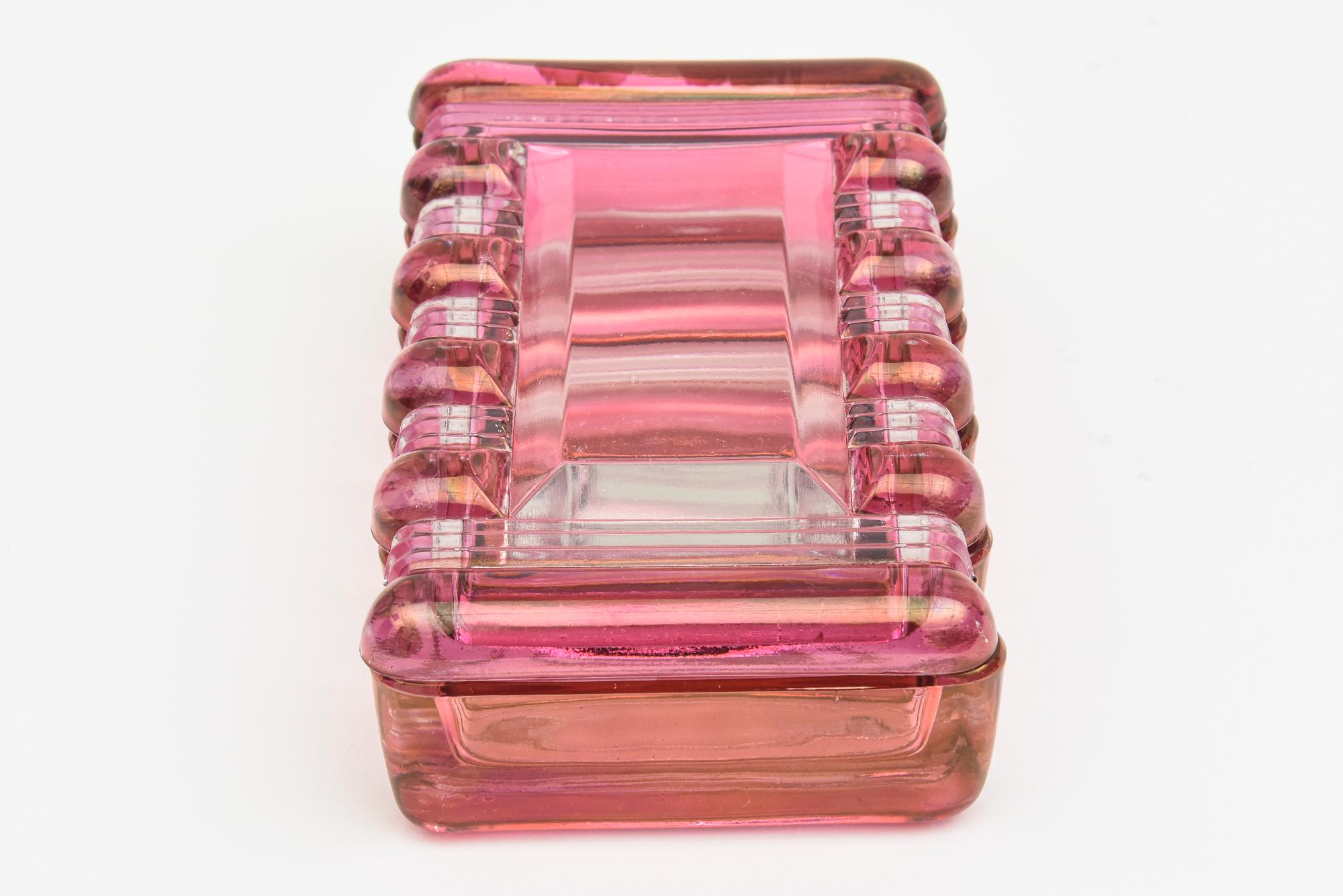Mid-20th Century Pink Cranberry and Clear Beveled Rectangular Glass Box Vintage