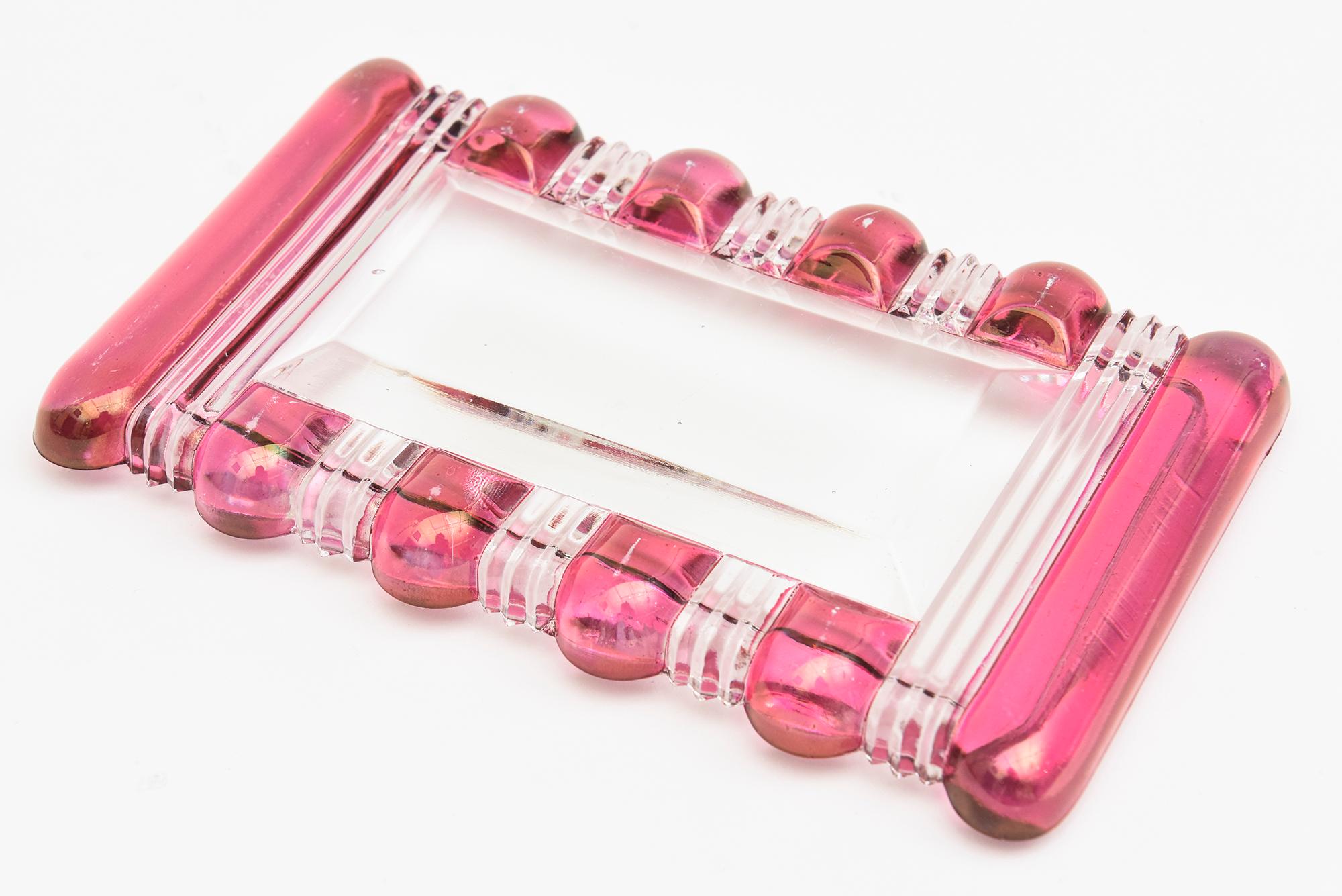 Pink Cranberry and Clear Beveled Rectangular Glass Box Vintage 3
