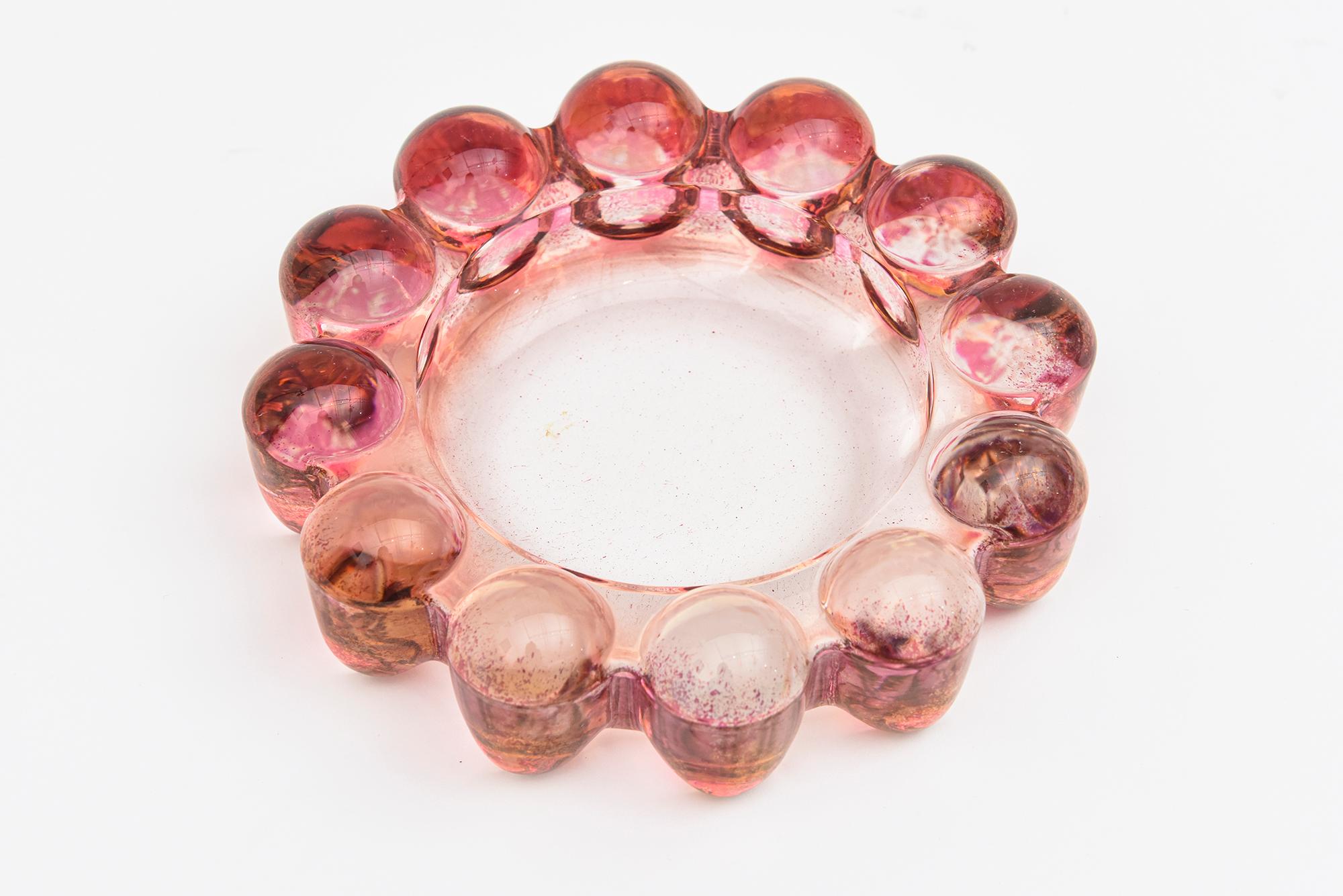 Glass Pink, Cranberry, Clear Sommerso Bubble Small Ring Bowl Vintage