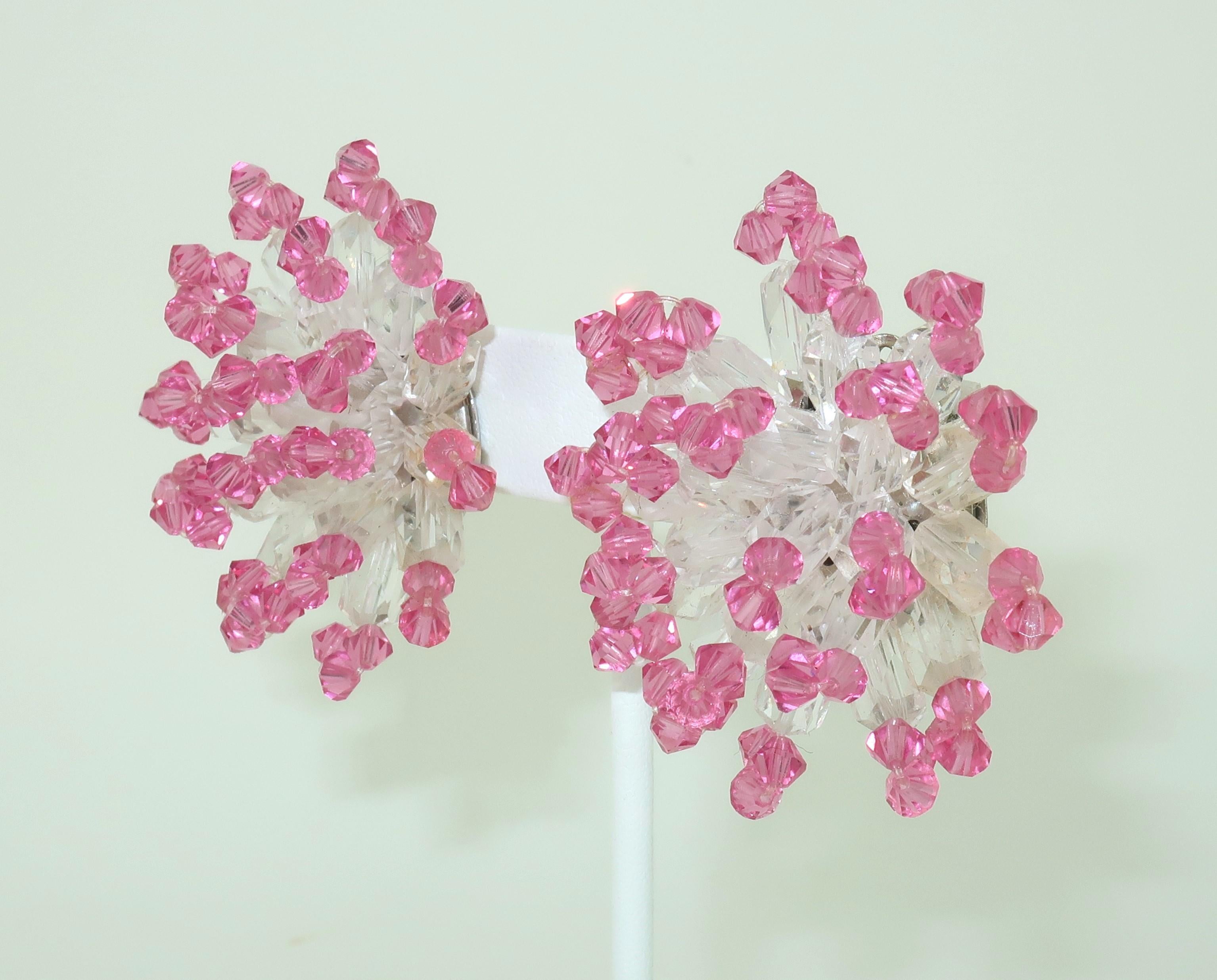Retro Pink Crystal Beaded Clip On Earrings, C.1980 For Sale