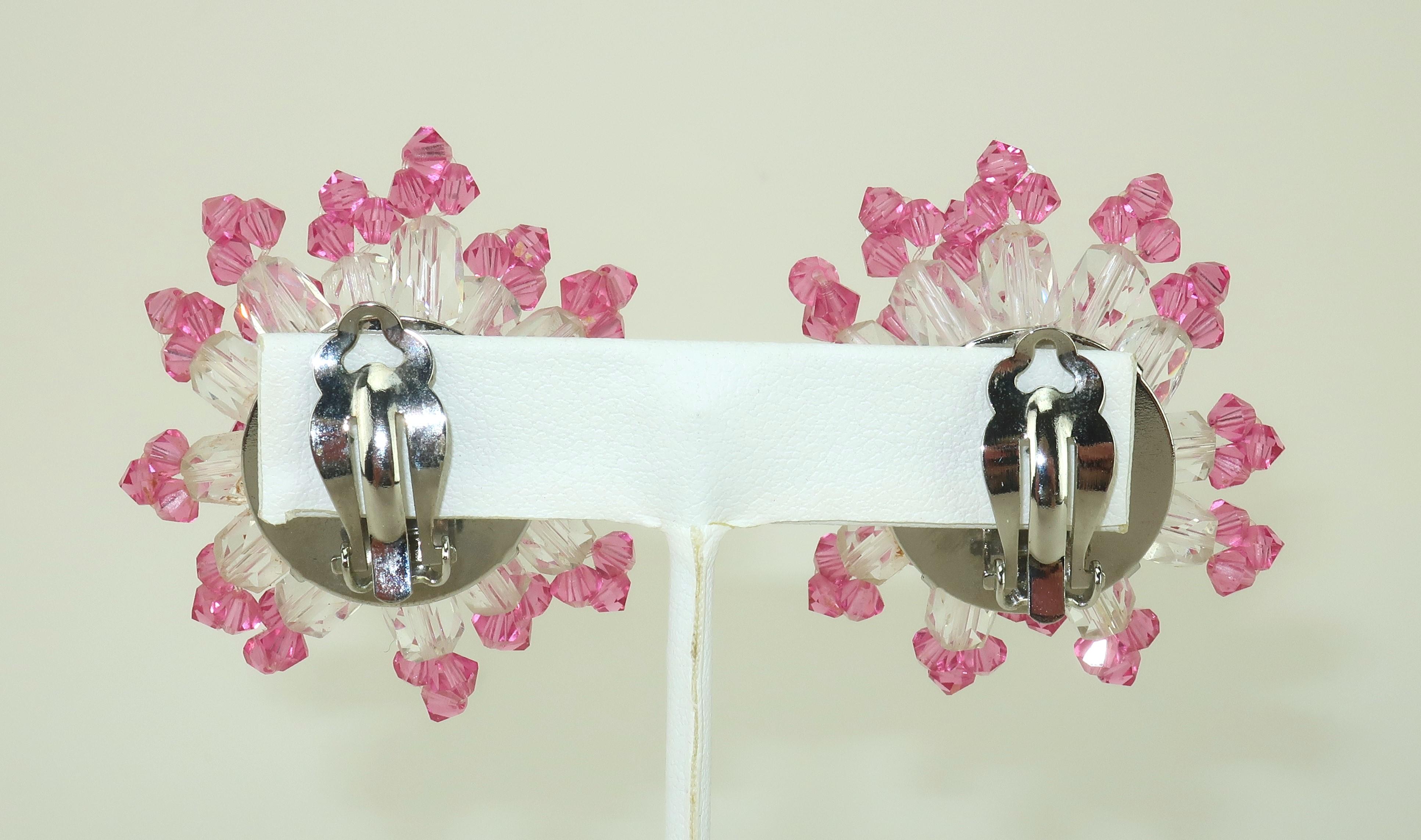 Pink Crystal Beaded Clip On Earrings, C.1980 In Good Condition For Sale In Atlanta, GA