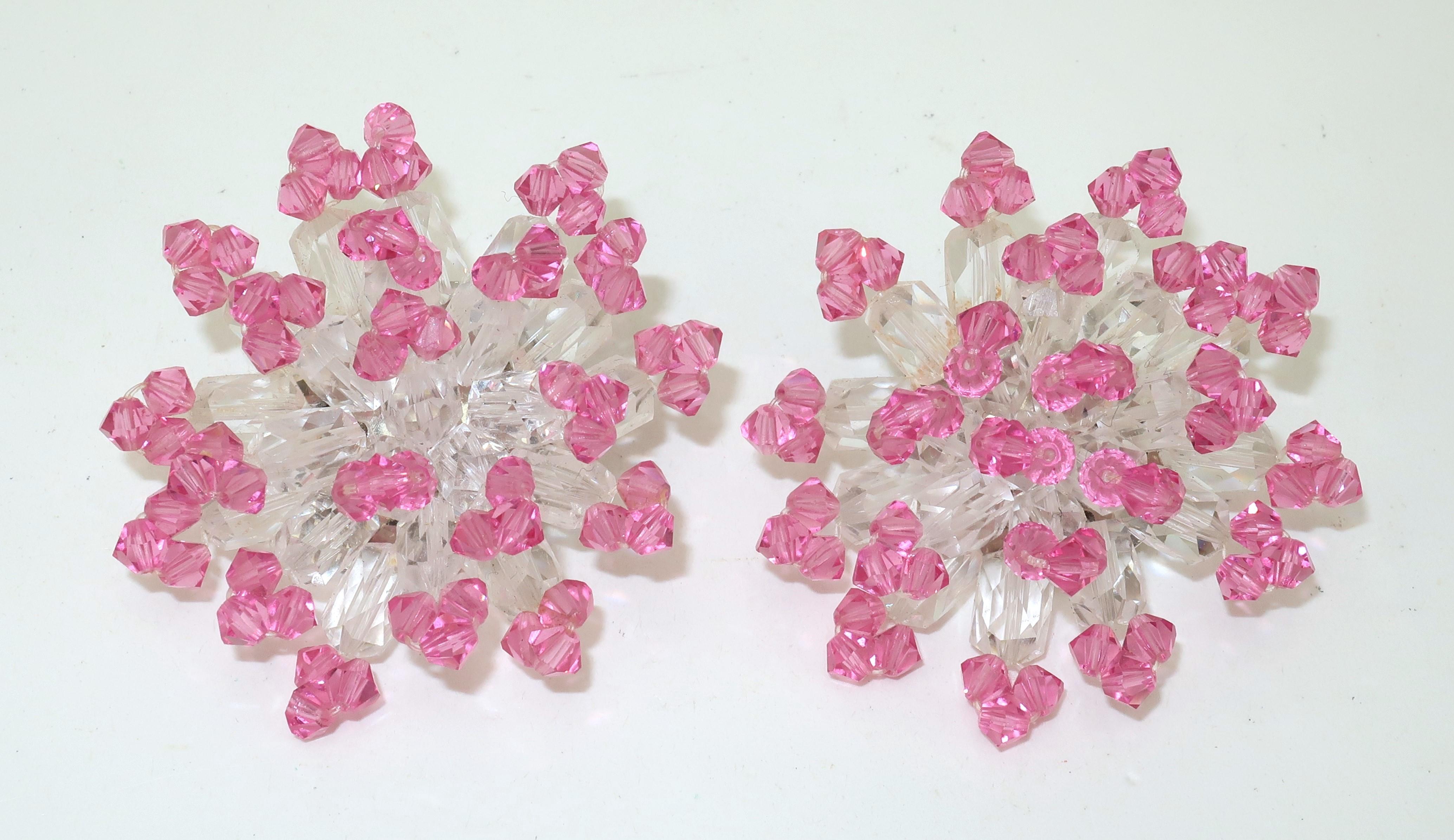 Women's Pink Crystal Beaded Clip On Earrings, C.1980 For Sale