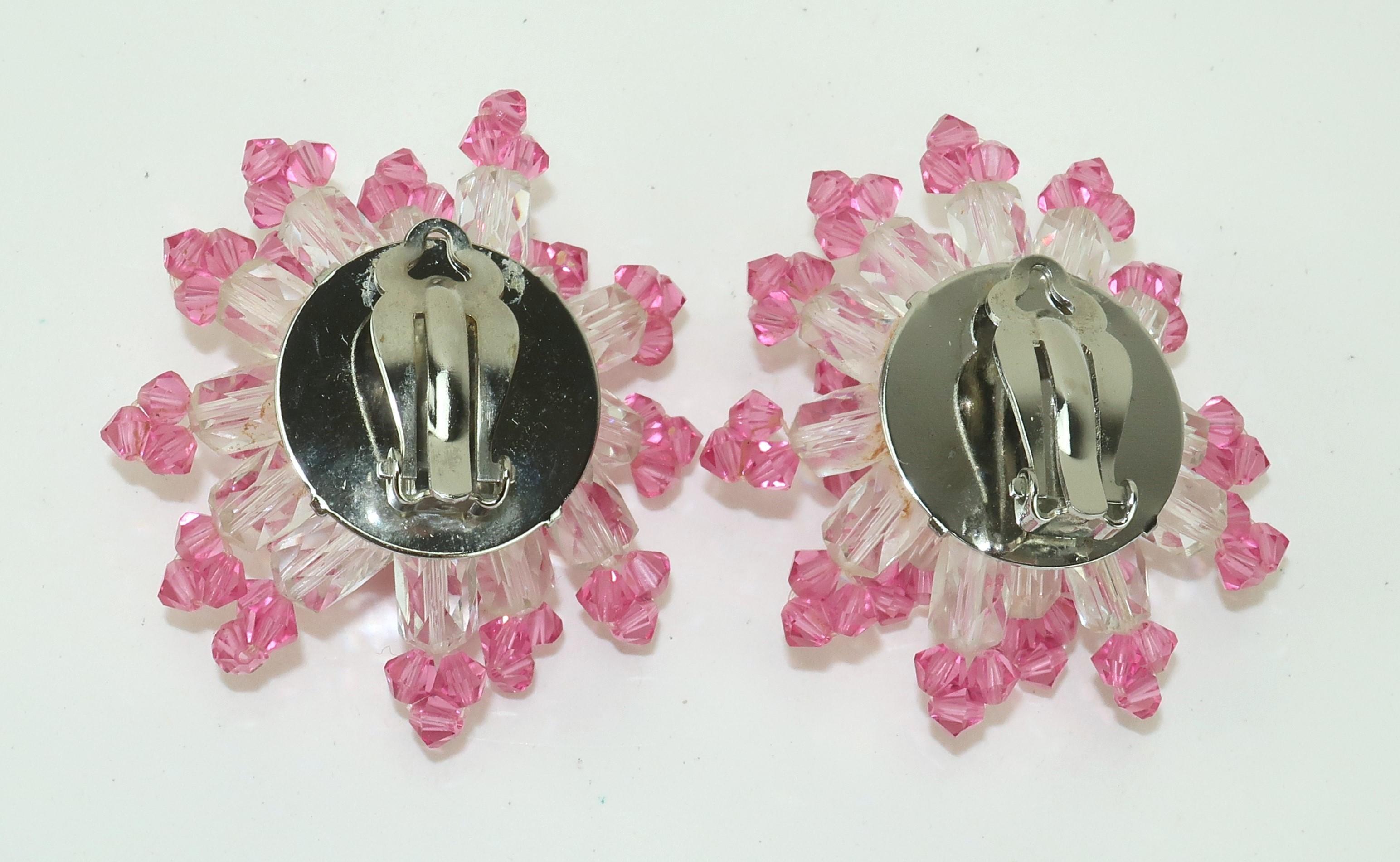 Pink Crystal Beaded Clip On Earrings, C.1980 For Sale 1