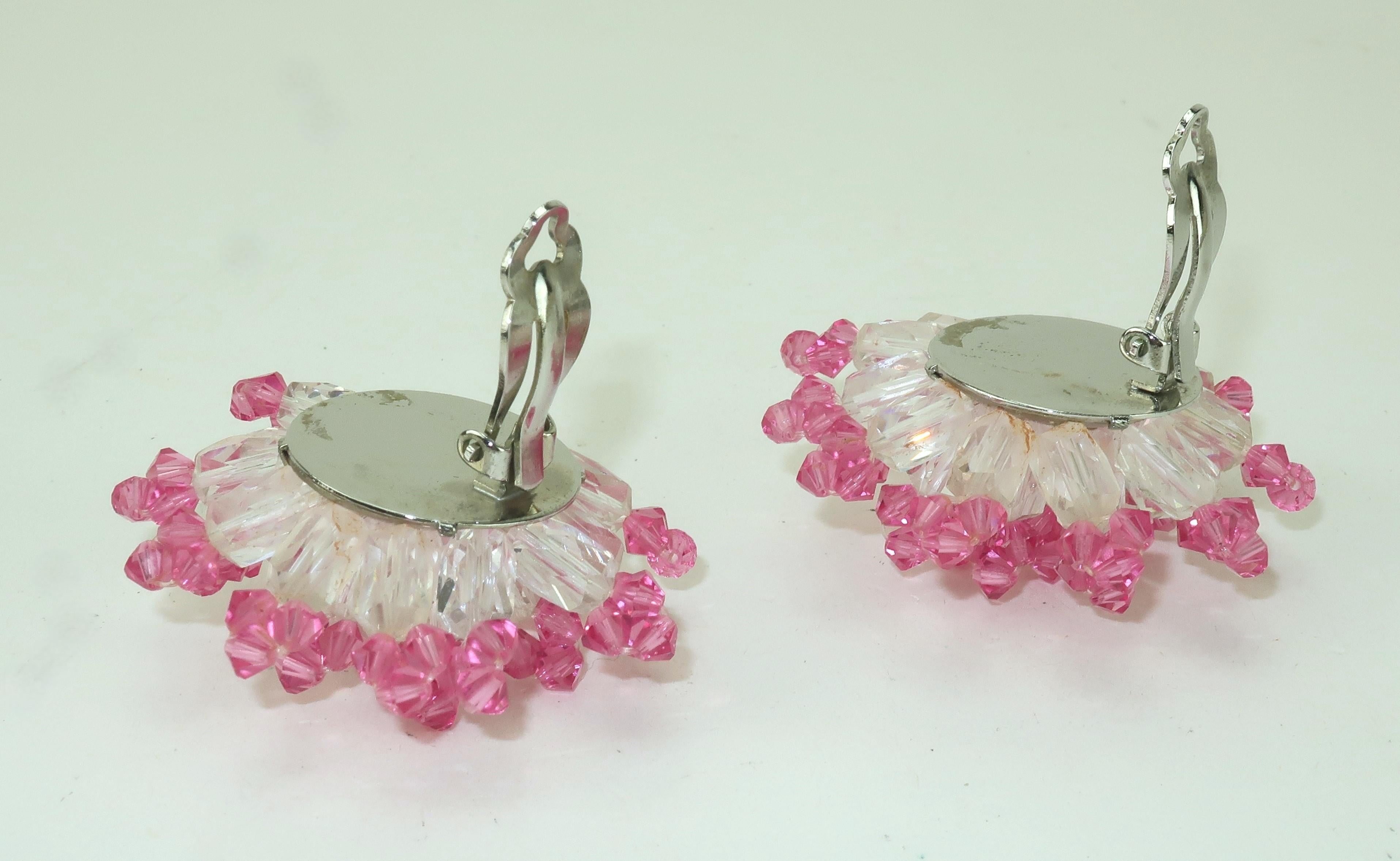 Pink Crystal Beaded Clip On Earrings, C.1980 For Sale 2