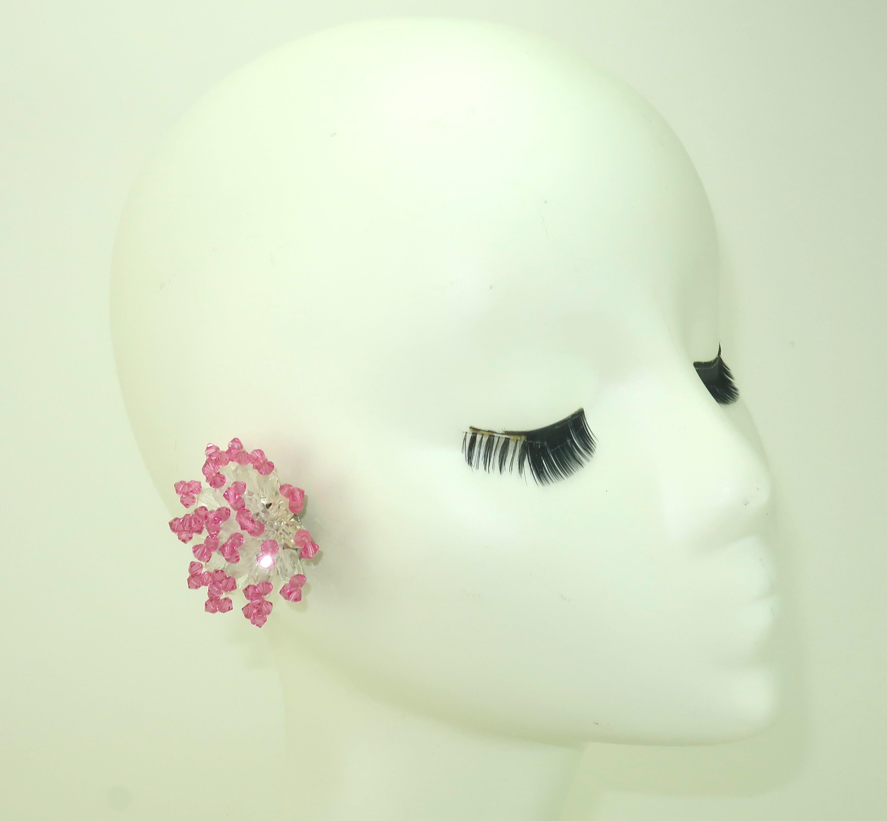 Pink Crystal Beaded Clip On Earrings, C.1980 For Sale 3