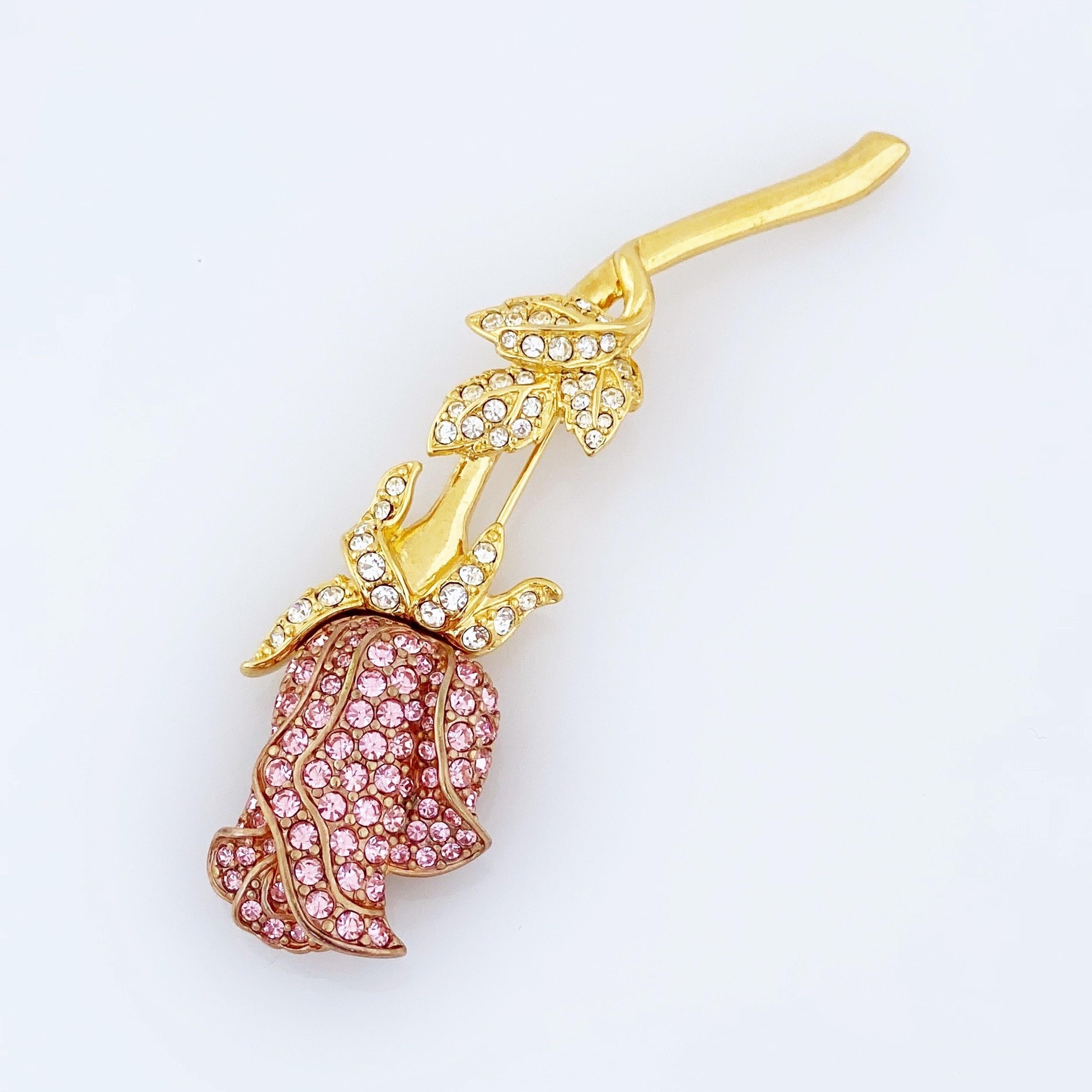 Modern Pink Crystal Encrusted Figural Rose Brooch By Nolan Miller, 1990s For Sale