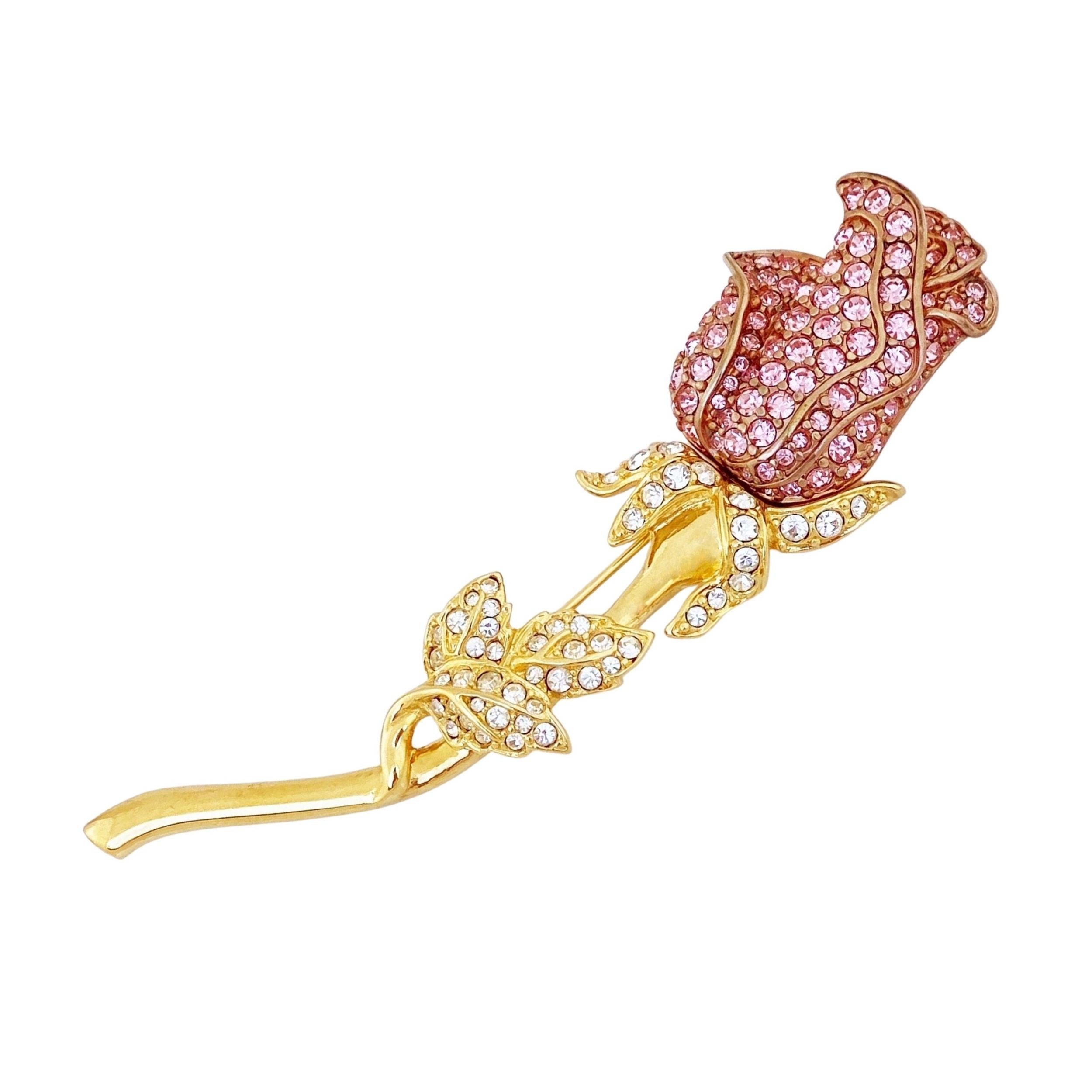 Pink Crystal Encrusted Figural Rose Brooch By Nolan Miller, 1990s For Sale