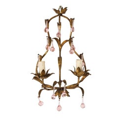 Antique French Crystal Sconces with Pink Crystals