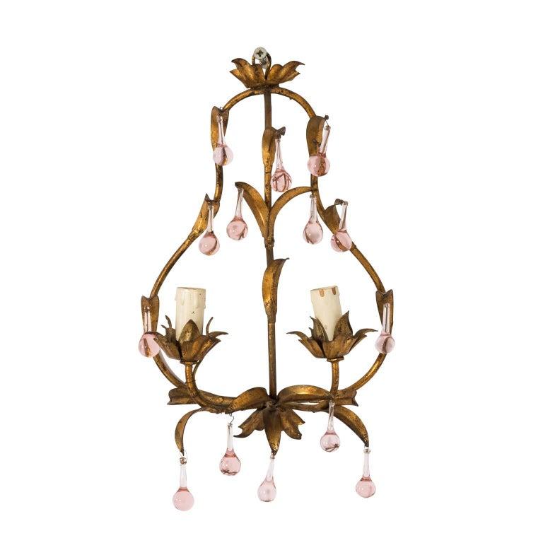 Unknown Antique French Crystal Sconces with Pink Crystals