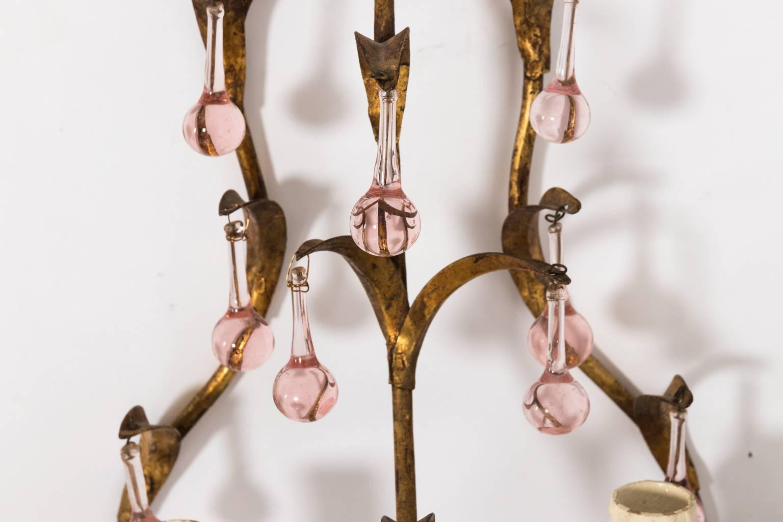 Pink Crystal Sconces In Good Condition For Sale In Stamford, CT