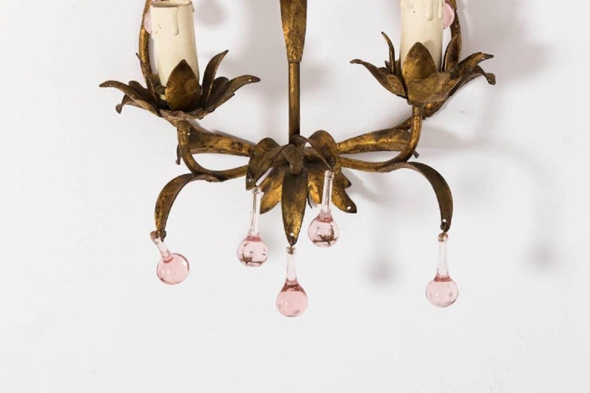 Metal Antique French Crystal Sconces with Pink Crystals