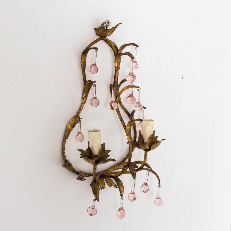 Antique French Crystal Sconces with Pink Crystals 1