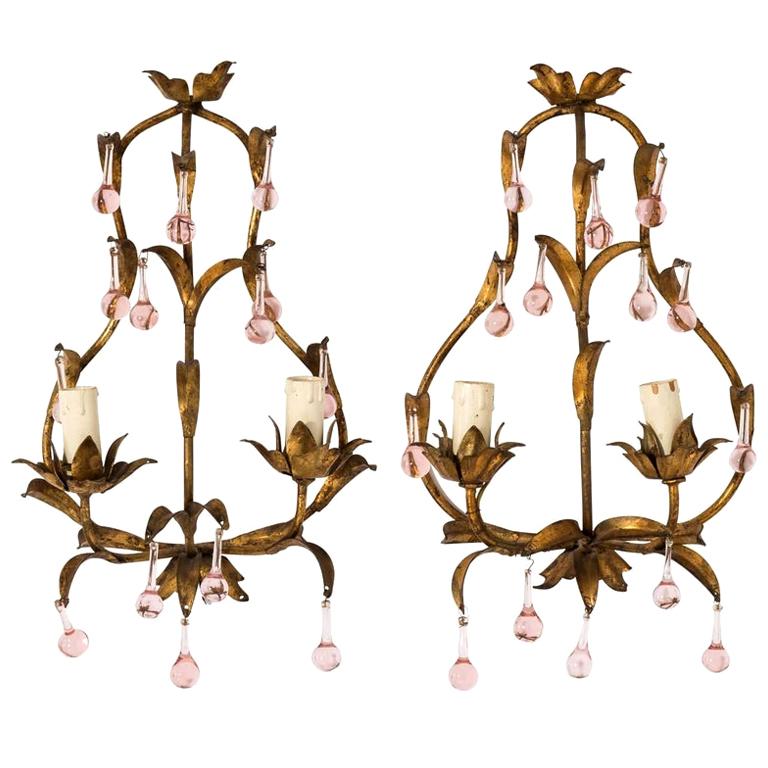 Antique French Crystal Sconces with Pink Crystals