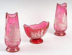 Pink Crystal Set Consisting of Two Vases and a Planter