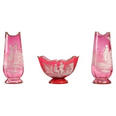 Pink Crystal Set Consisting of Two Vases and a Planter