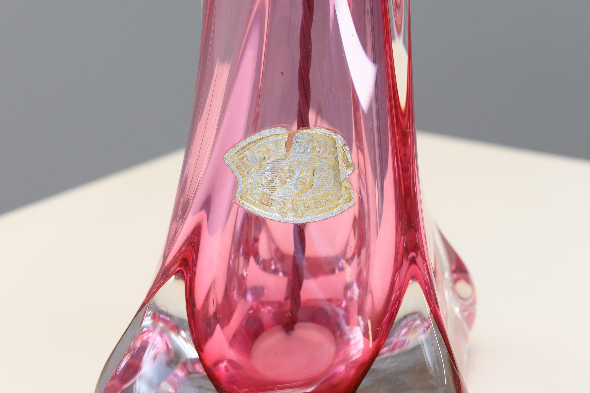Pink crystal table lamp by Val St Lambert of Belgium. Re-wired and tested. Circa 1950.
H 38cm x W 11cm x D 11cm