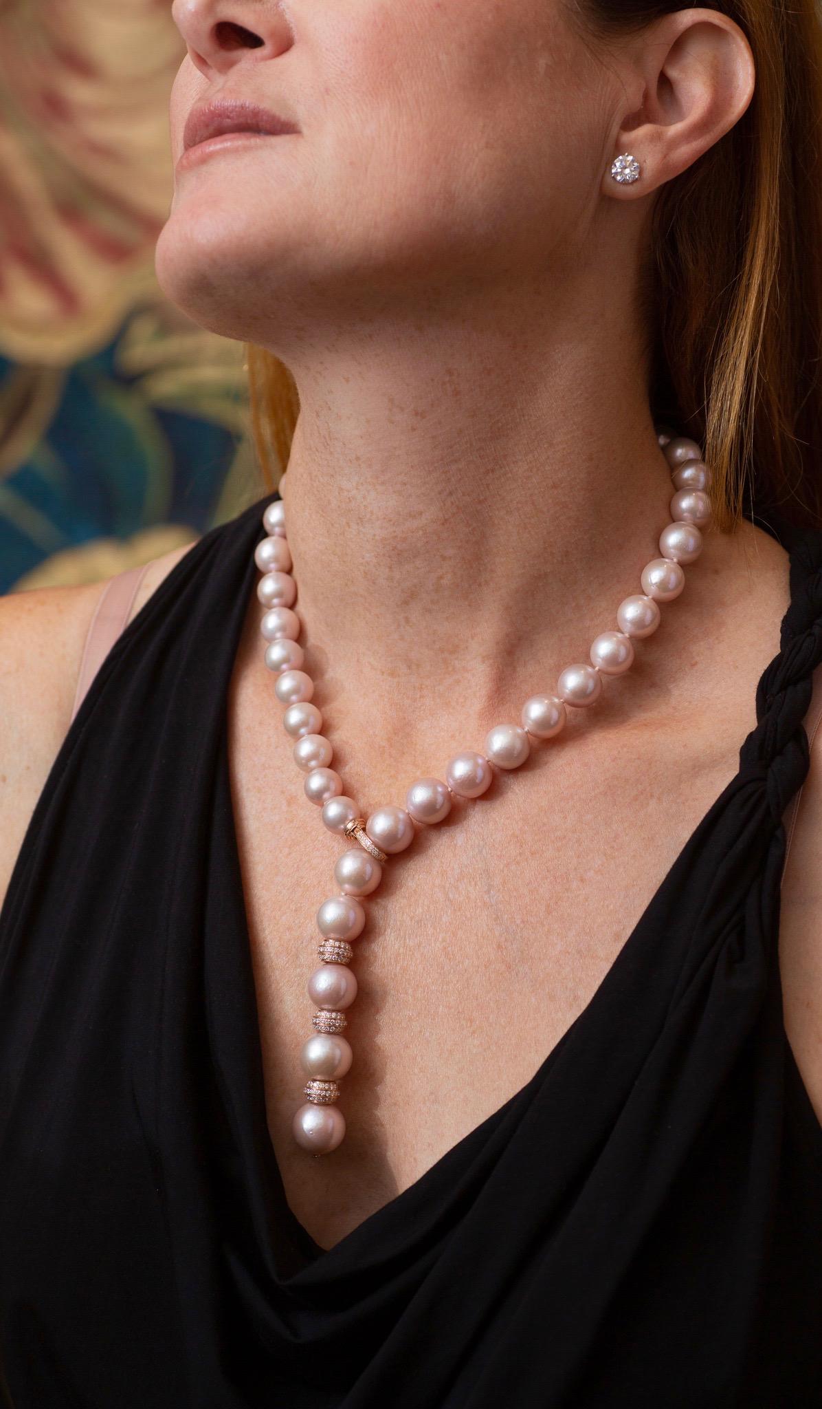 Pink Cultured Pearl Necklace with Diamond Rondelles In Excellent Condition In New Orleans, LA