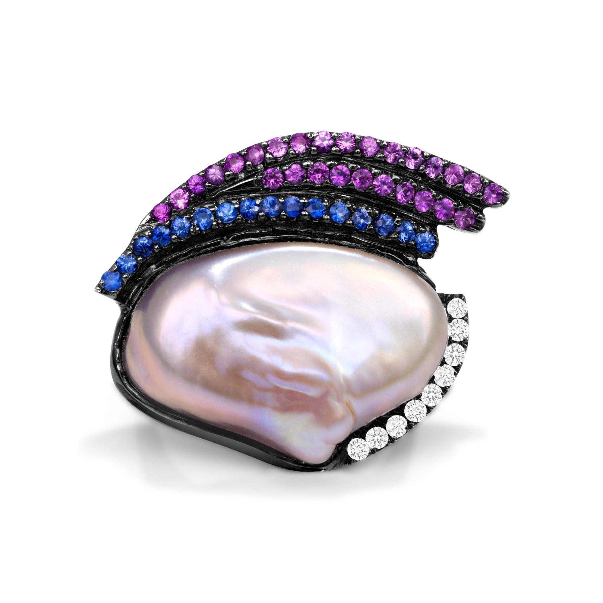 Pink Cultured Pearl Pink and Blue Sapphire Diamond White Gold Cocktail Ring In New Condition For Sale In Woodstock, GA