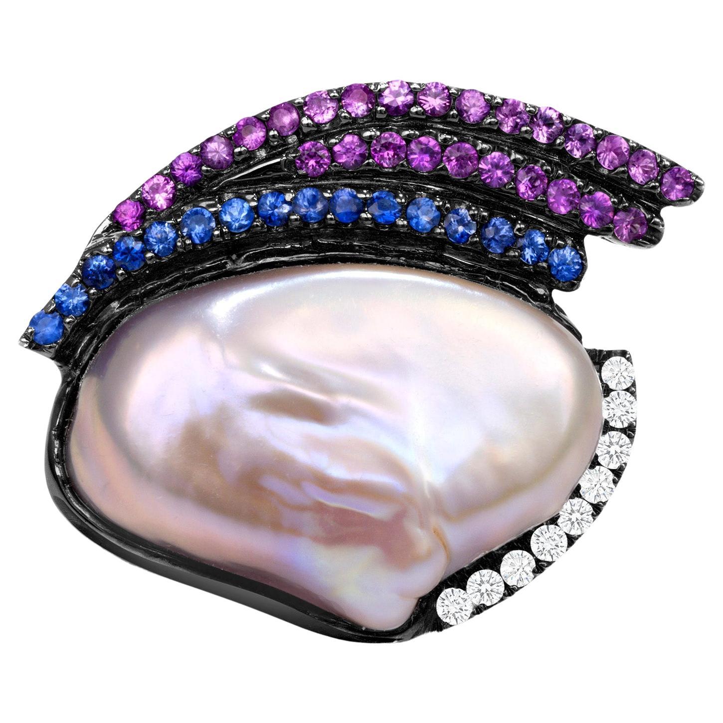 Pink Cultured Pearl Pink and Blue Sapphire Diamond White Gold Cocktail Ring For Sale