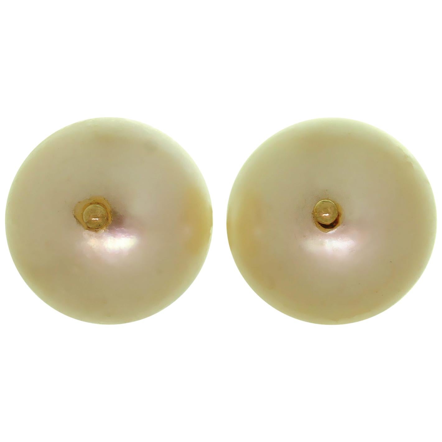 Pink Cultured Pearl Yellow Gold Stud Earrings For Sale