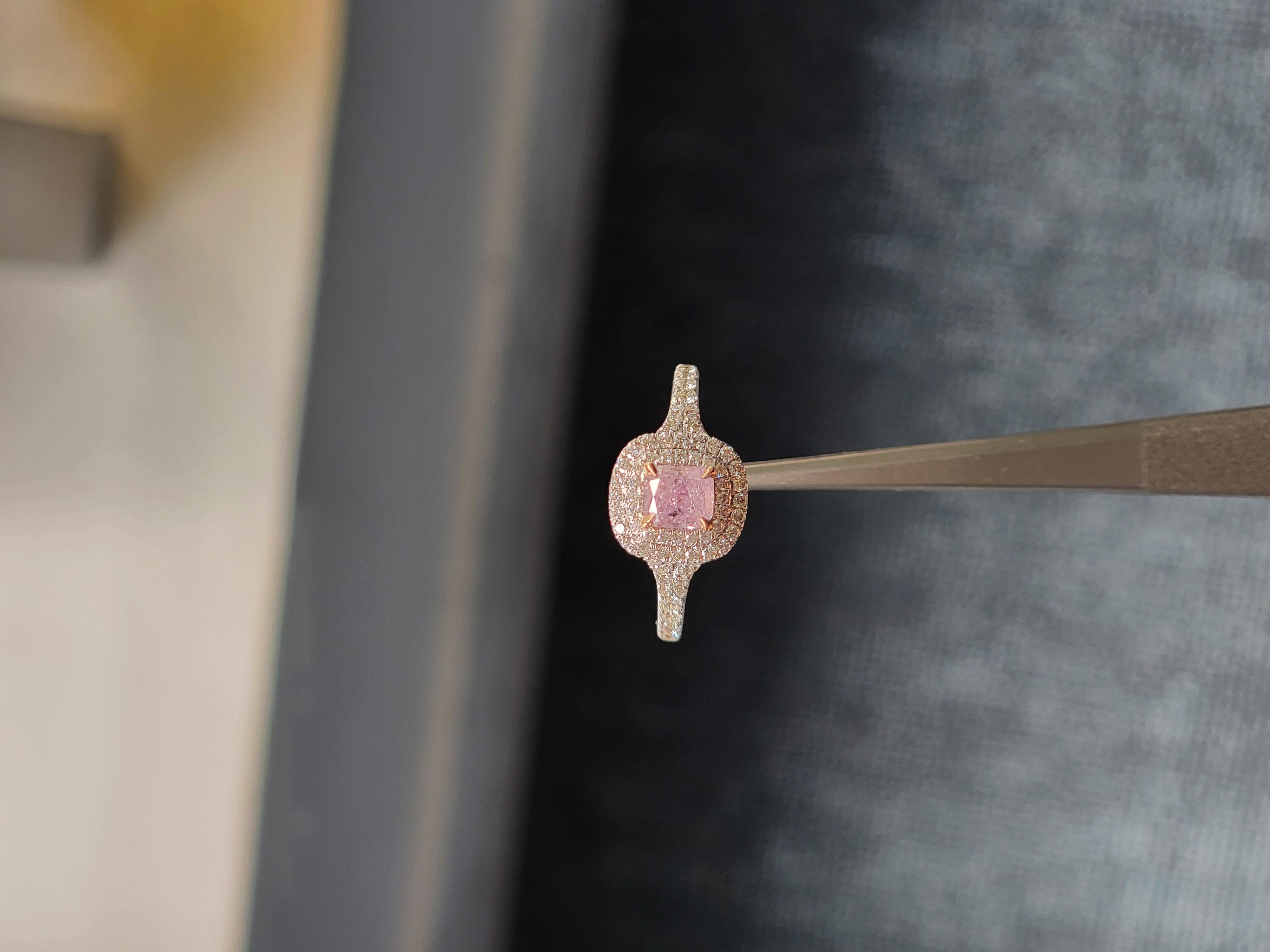 For Sale:  Pink Cushion 0.51cts GIA Certified Diamond Ring with diamonds halo & 18K WH Gold 4