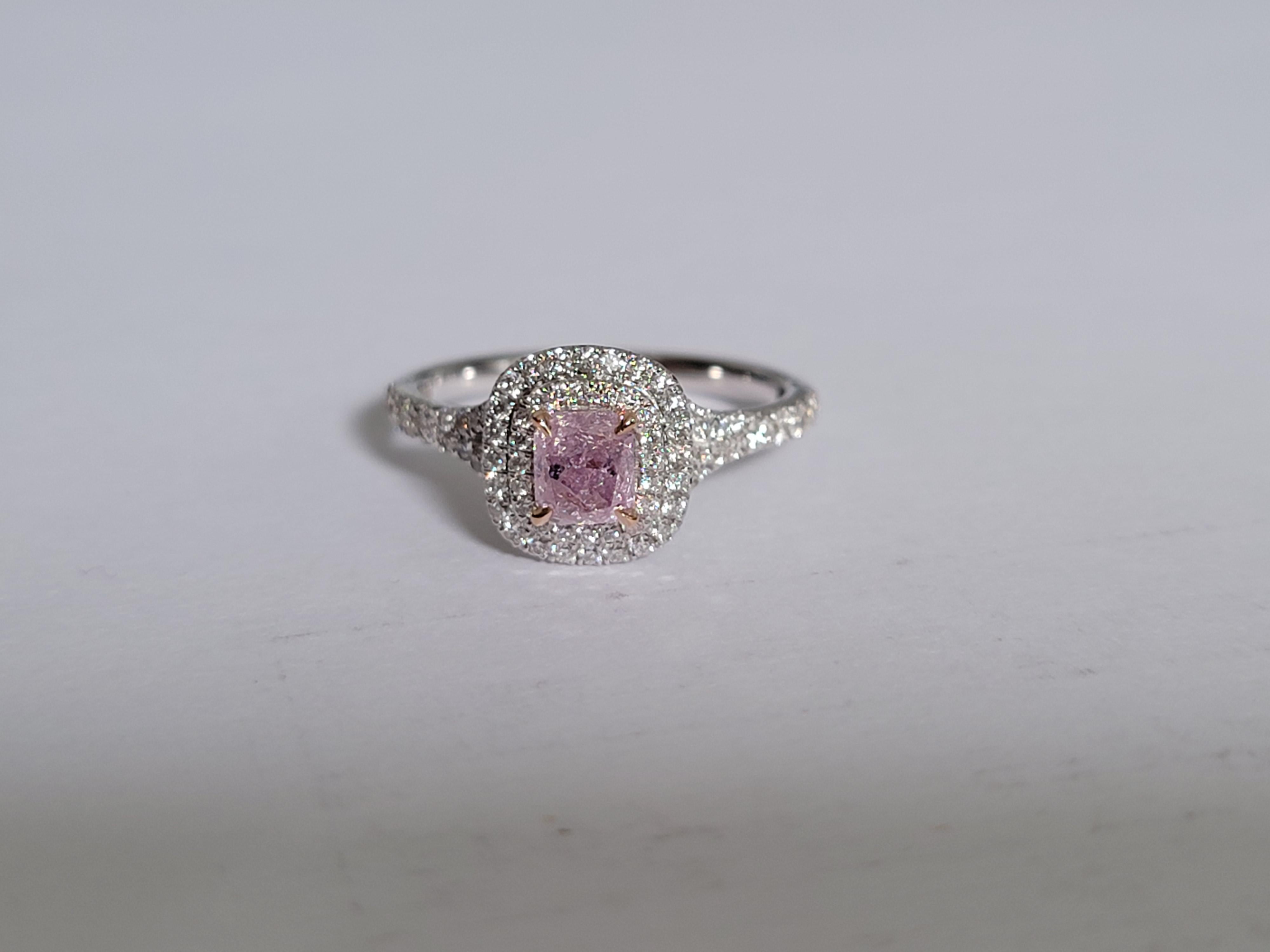 For Sale:  Pink Cushion 0.51cts GIA Certified Diamond Ring with diamonds halo & 18K WH Gold 5