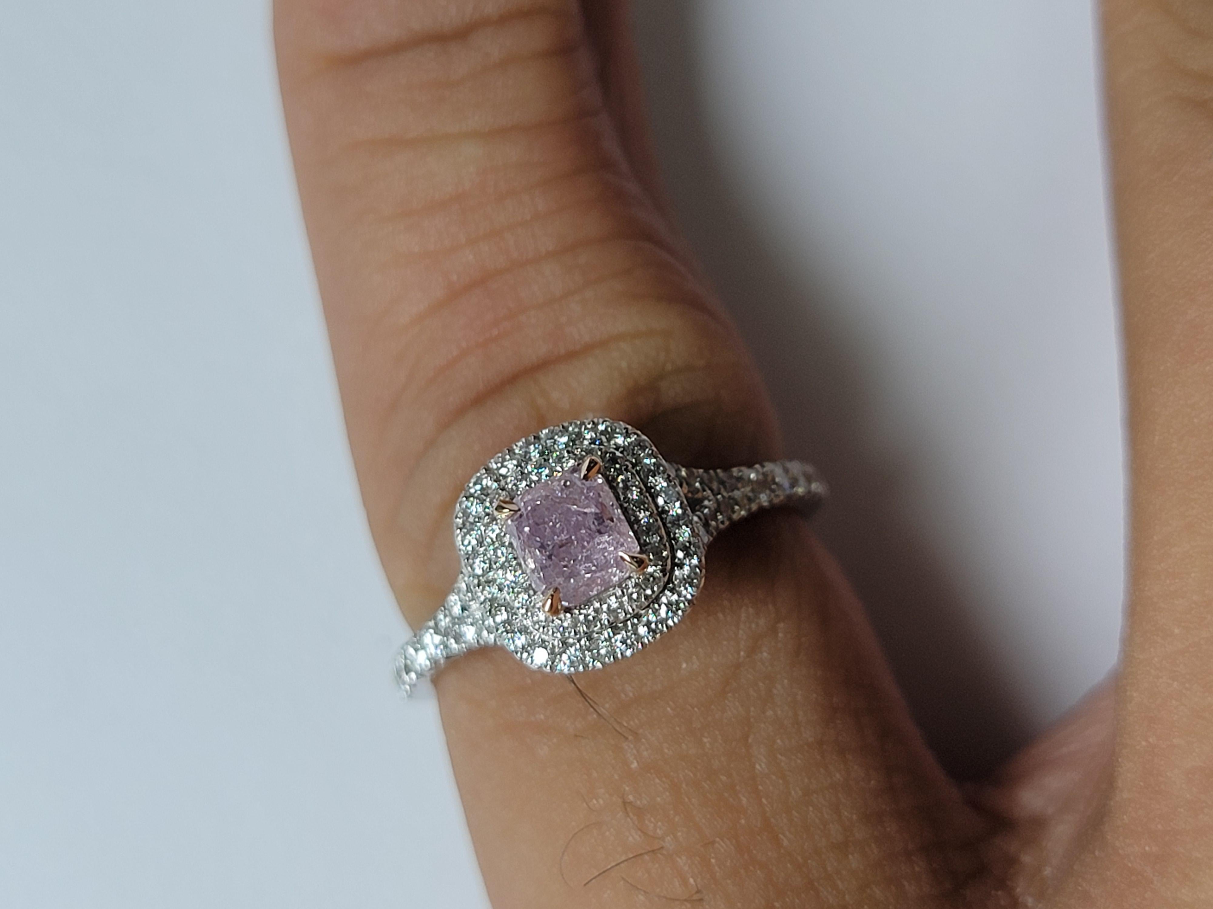 For Sale:  Pink Cushion 0.51cts GIA Certified Diamond Ring with diamonds halo & 18K WH Gold 8