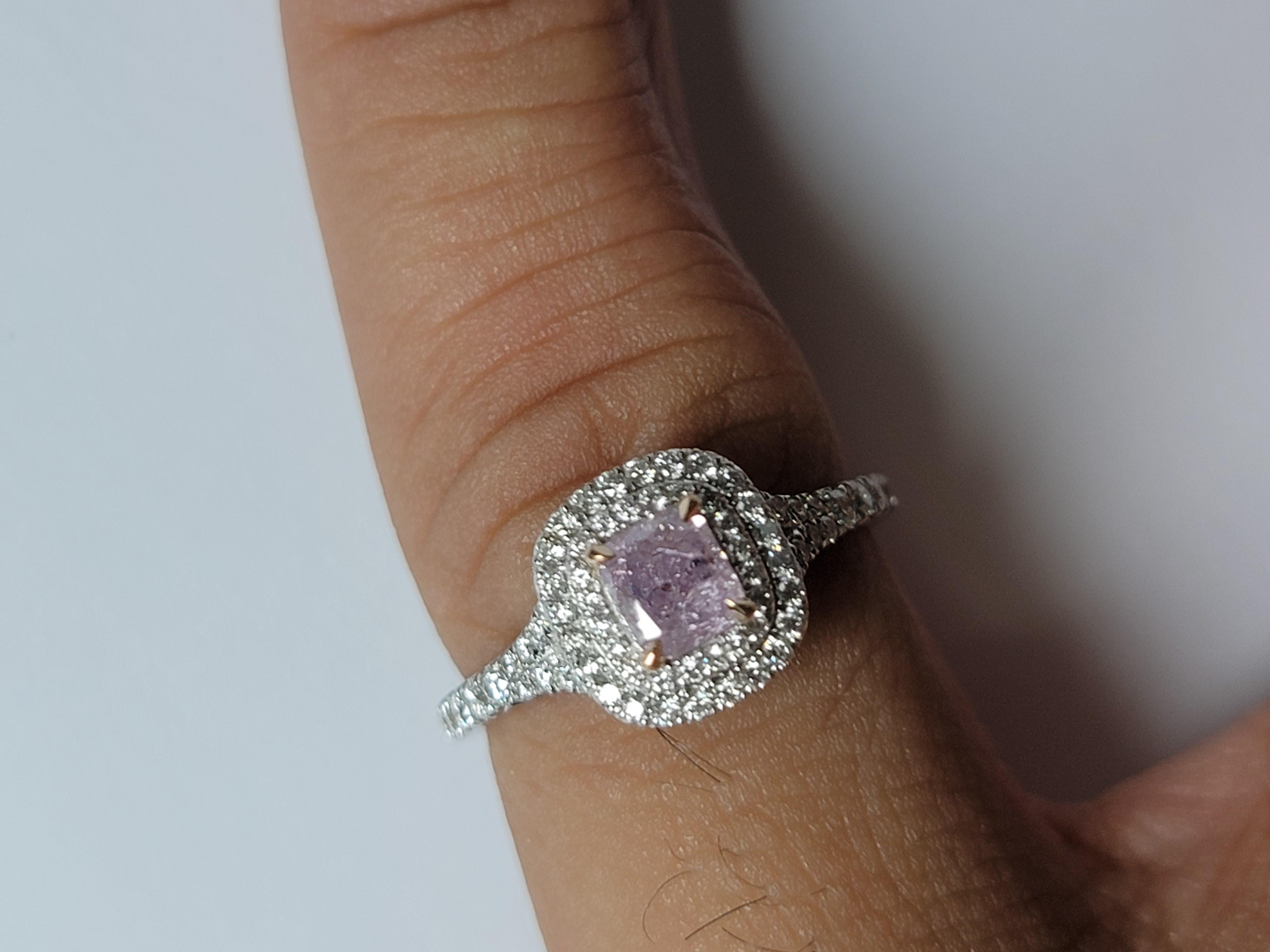 For Sale:  Pink Cushion 0.51cts GIA Certified Diamond Ring with diamonds halo & 18K WH Gold 9