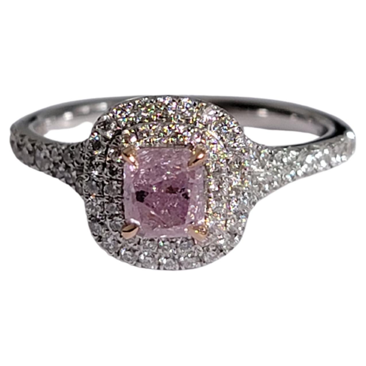 For Sale:  Pink Cushion 0.51cts GIA Certified Diamond Ring with diamonds halo & 18K WH Gold