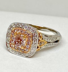 Pink Cushion Cut and White Diamond Antique Style Engagement/Cocktail Ring in 18K