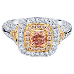 Pink Cushion Cut and White Diamond Antique Style Engagement/Cocktail Ring in 18K