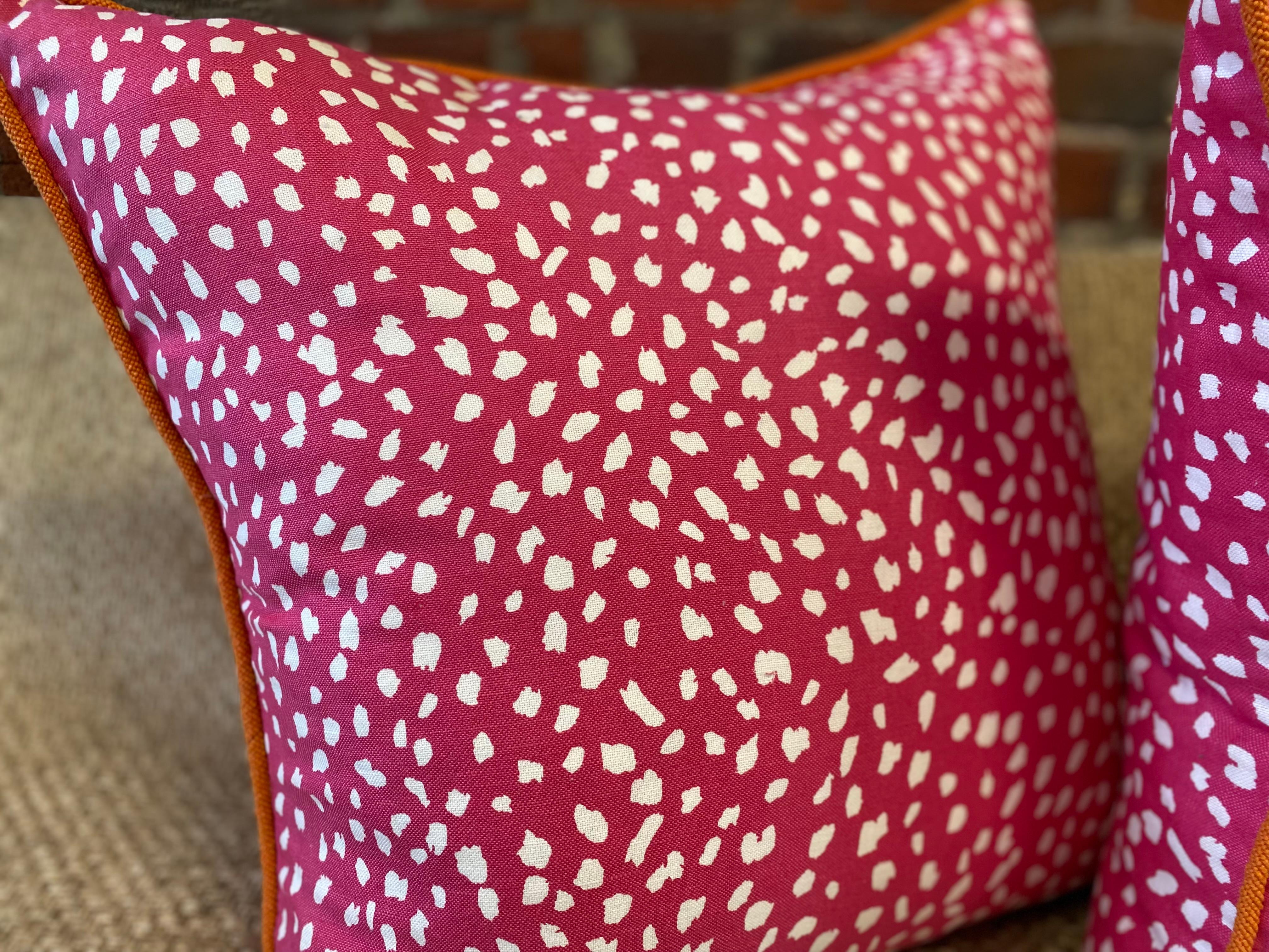 American Pink Dalmation Dot Cotton Pillow with Orange Terry Piping For Sale