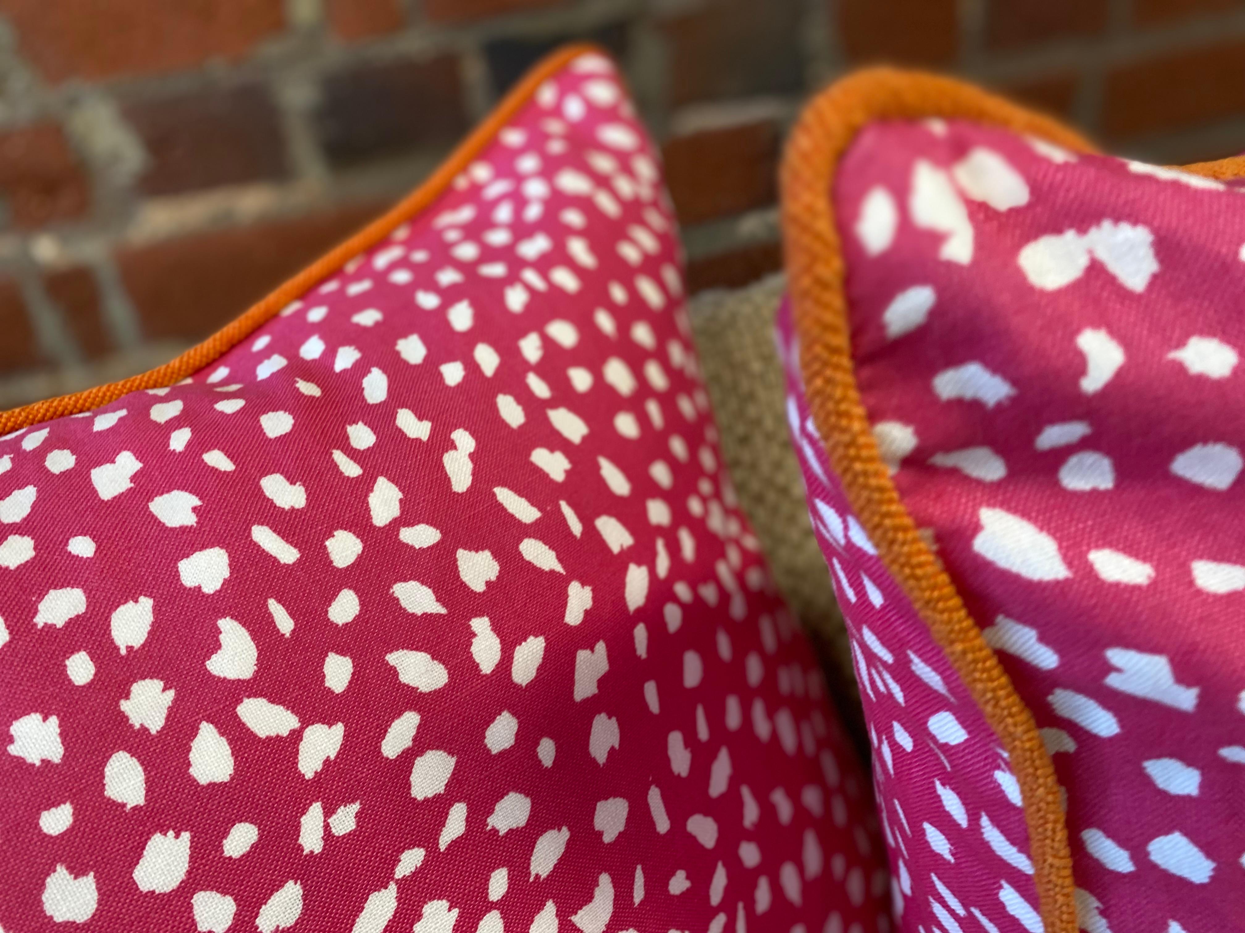 Pink Dalmation Dot Cotton Pillow with Orange Terry Piping In New Condition For Sale In Englewood, CO