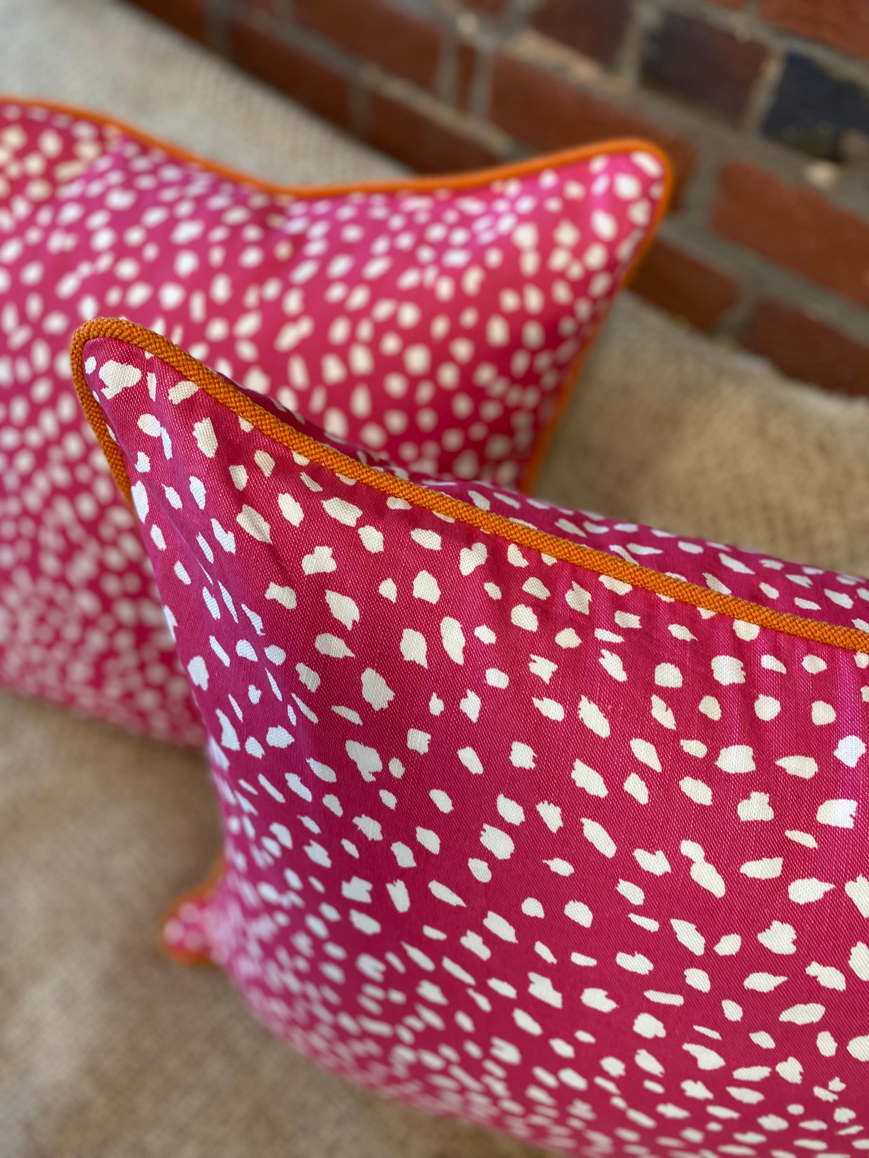 Contemporary Pink Dalmation Dot Cotton Pillow with Orange Terry Piping For Sale