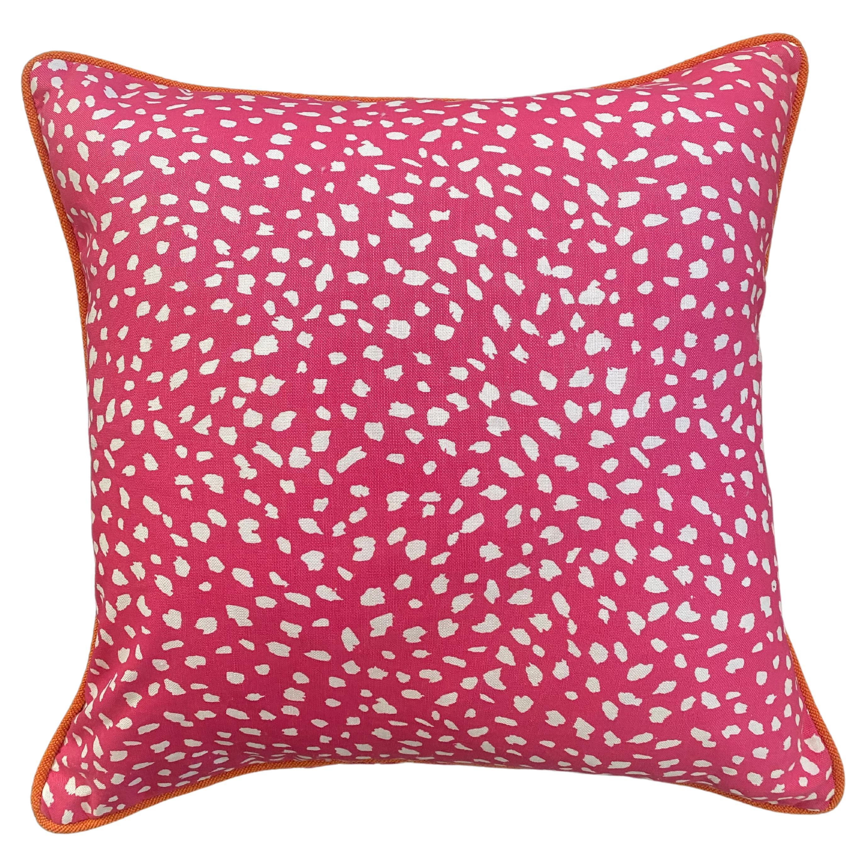 Pink Dalmation Dot Cotton Pillow with Orange Terry Piping For Sale