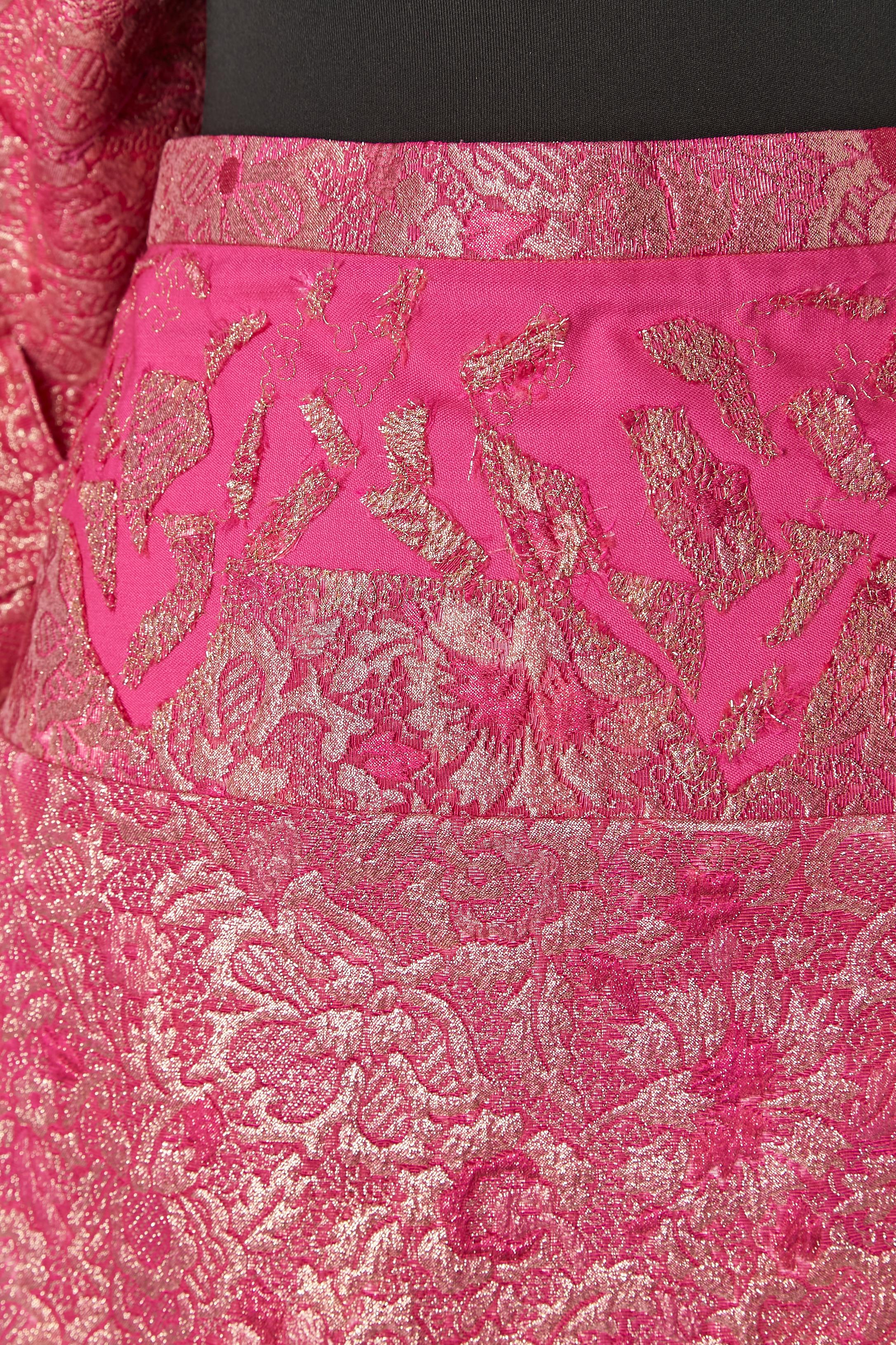 Pink damask evening skirt suit with rhinestone button Jean-Louis Scherrer For Sale 1