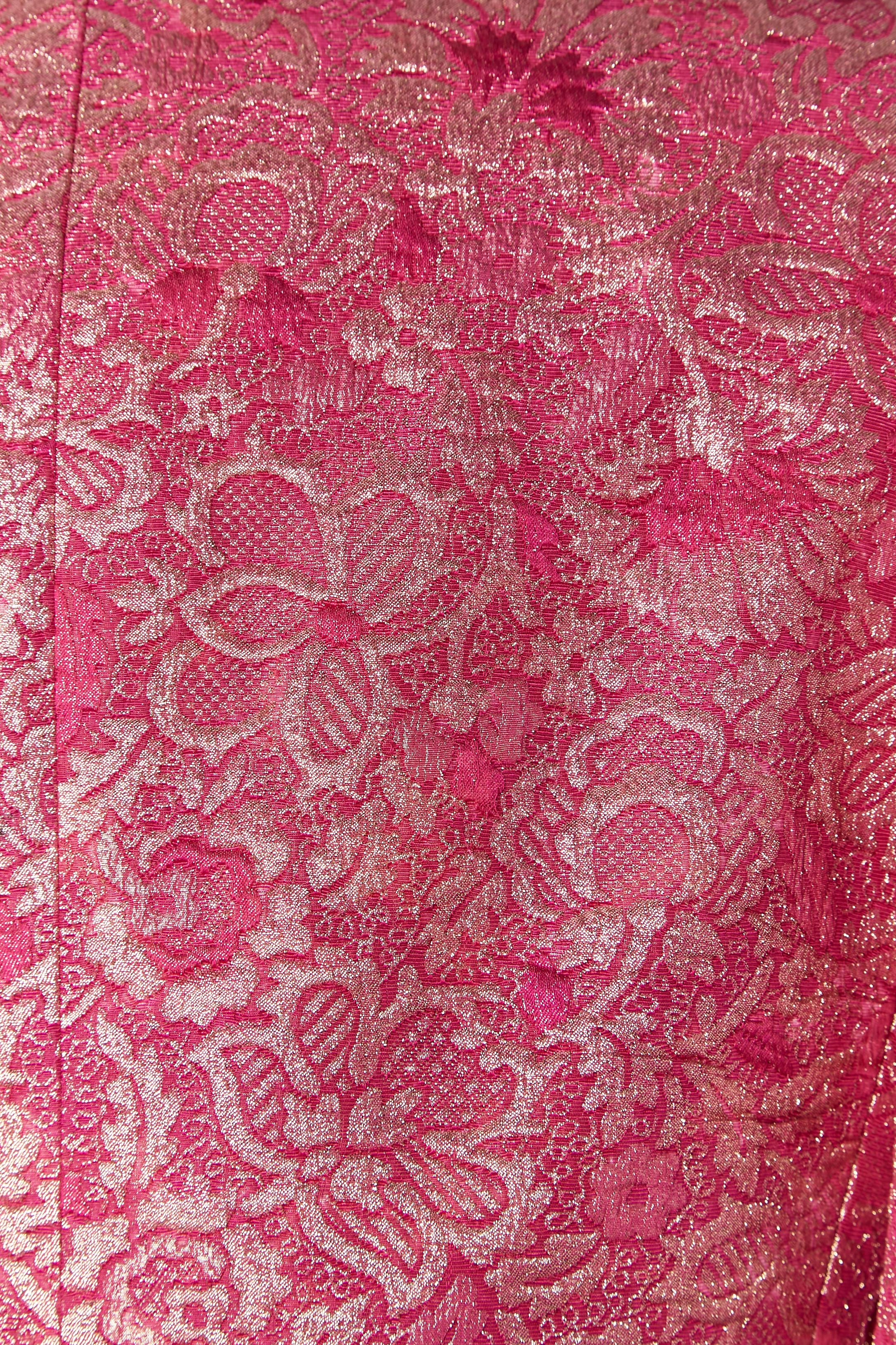 Pink damask evening skirt suit with rhinestone button Jean-Louis Scherrer For Sale 2