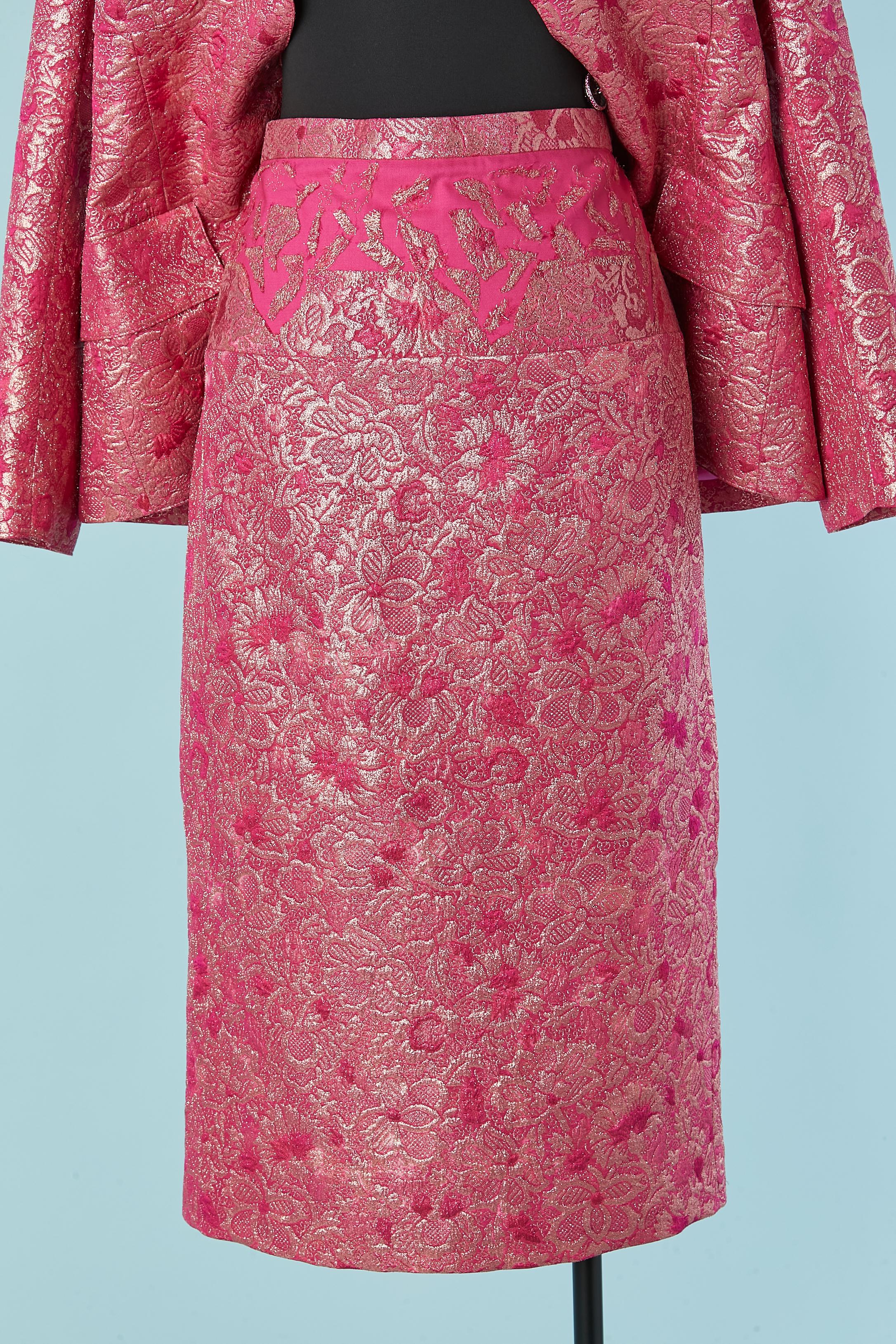 Pink damask evening skirt suit with rhinestone button Jean-Louis Scherrer For Sale 3
