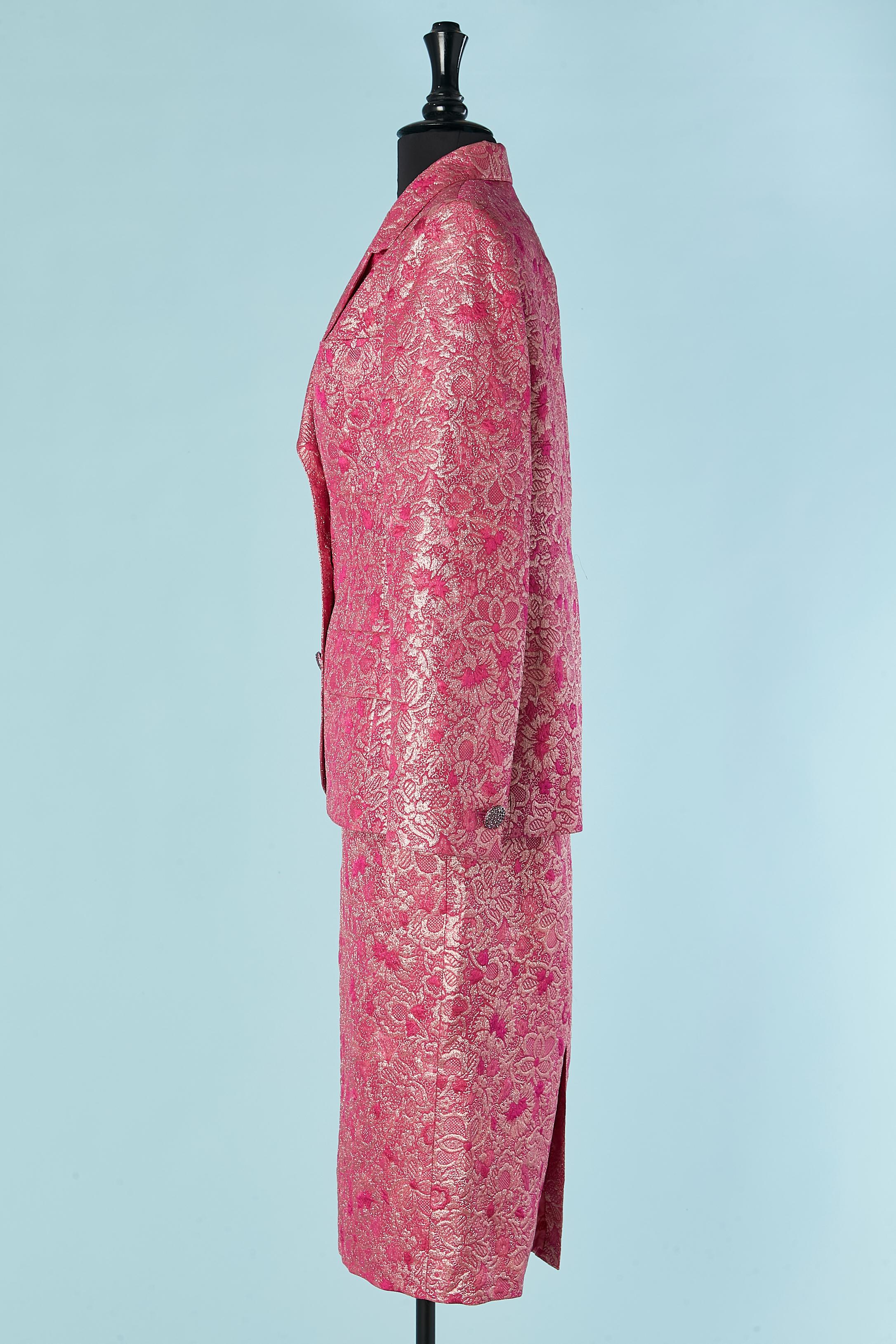 Pink damask evening skirt suit with rhinestone button Jean-Louis Scherrer For Sale 4