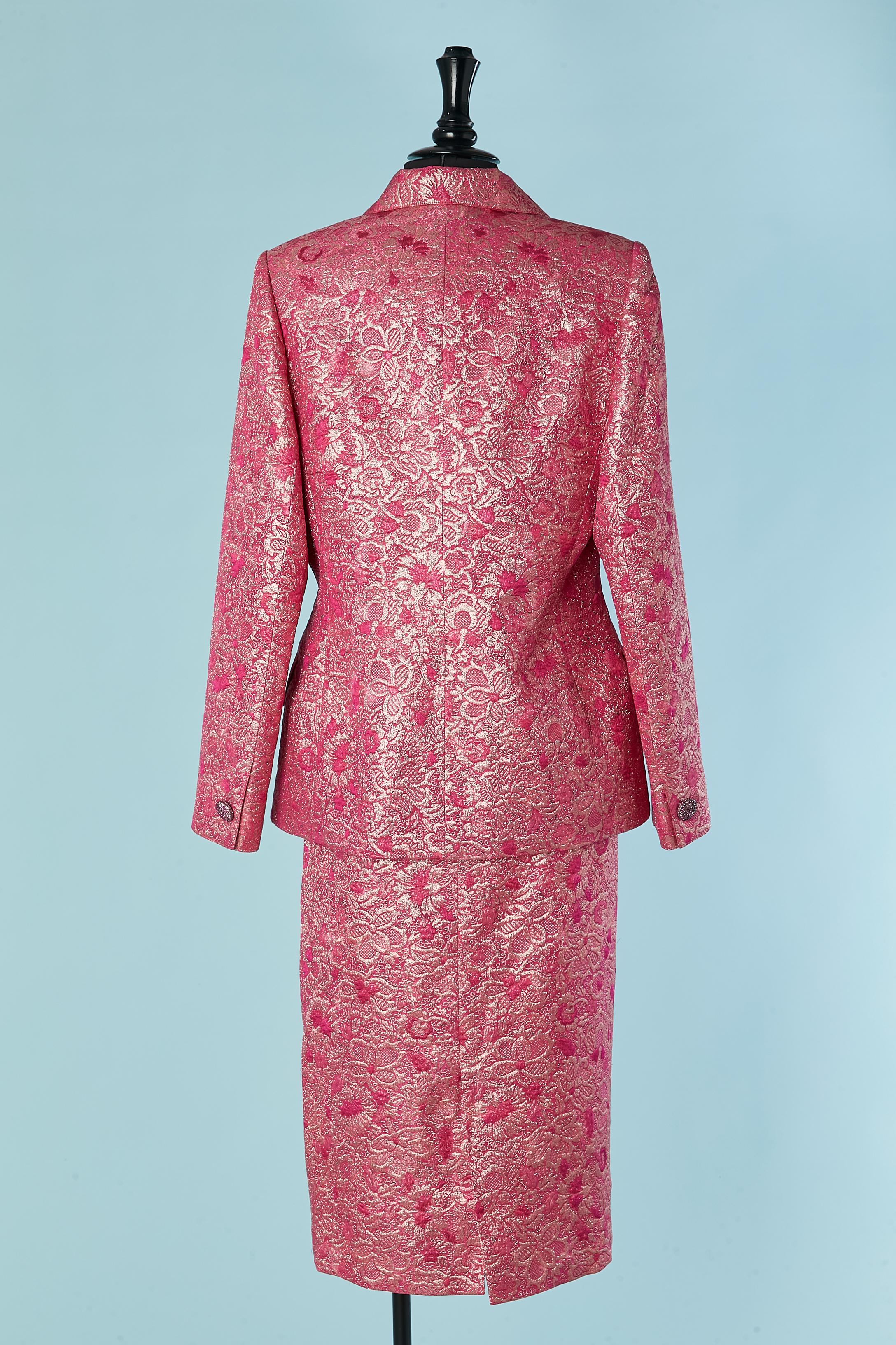 Pink damask evening skirt suit with rhinestone button Jean-Louis Scherrer For Sale 5