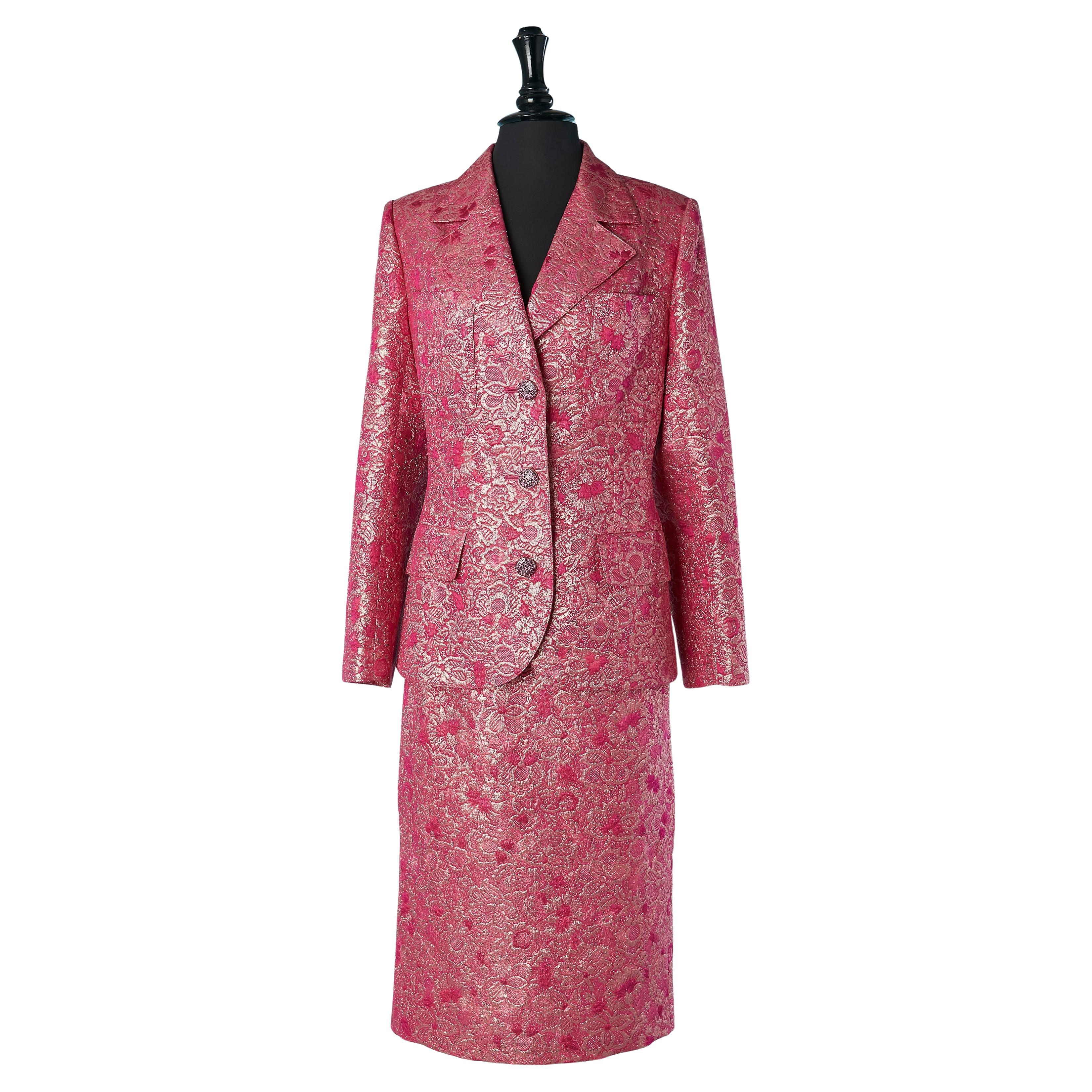 Pink damask evening skirt suit with rhinestone button Jean-Louis Scherrer