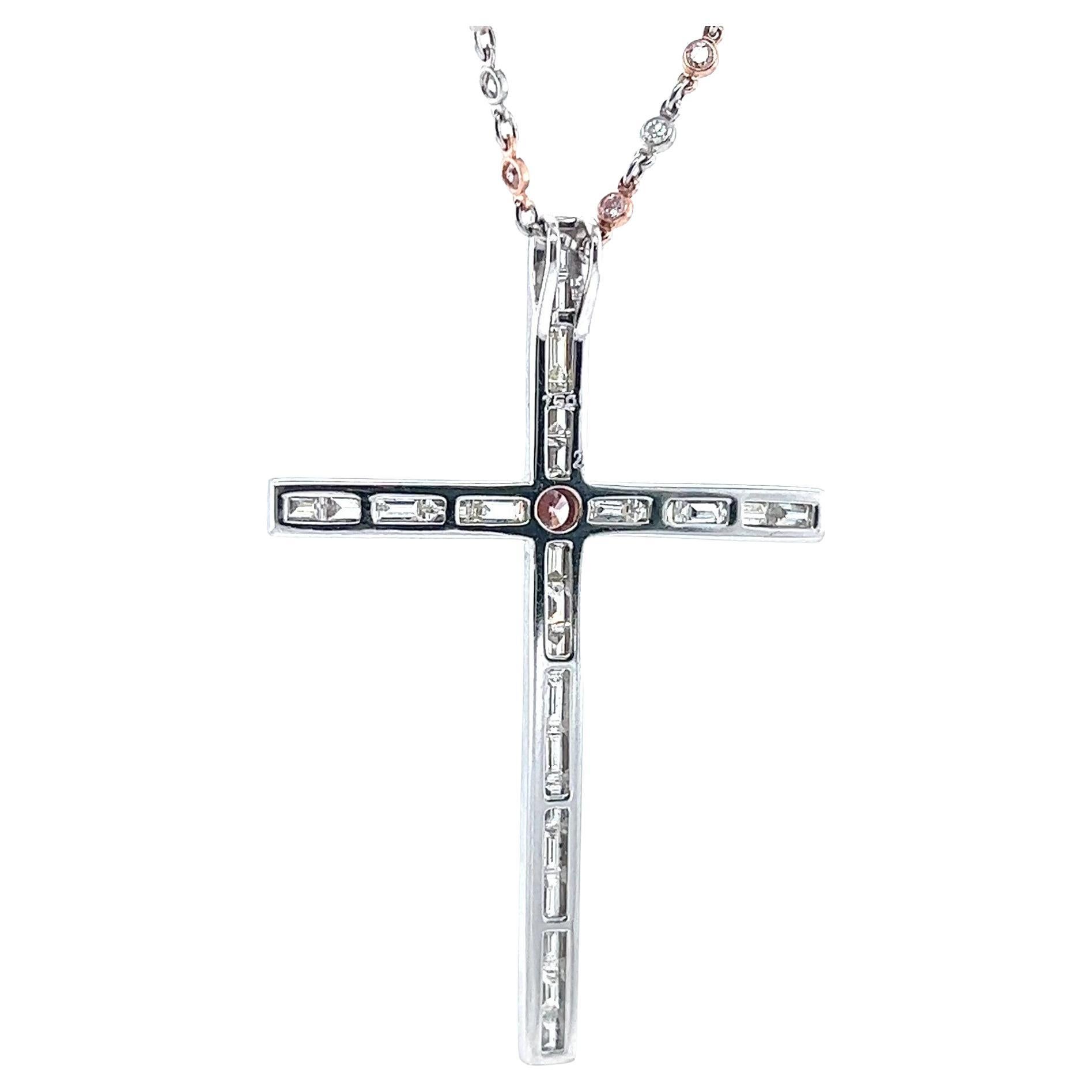 Pink Diamond 18 Karat Platinum Cross Necklace In Excellent Condition In Beverly Hills, CA