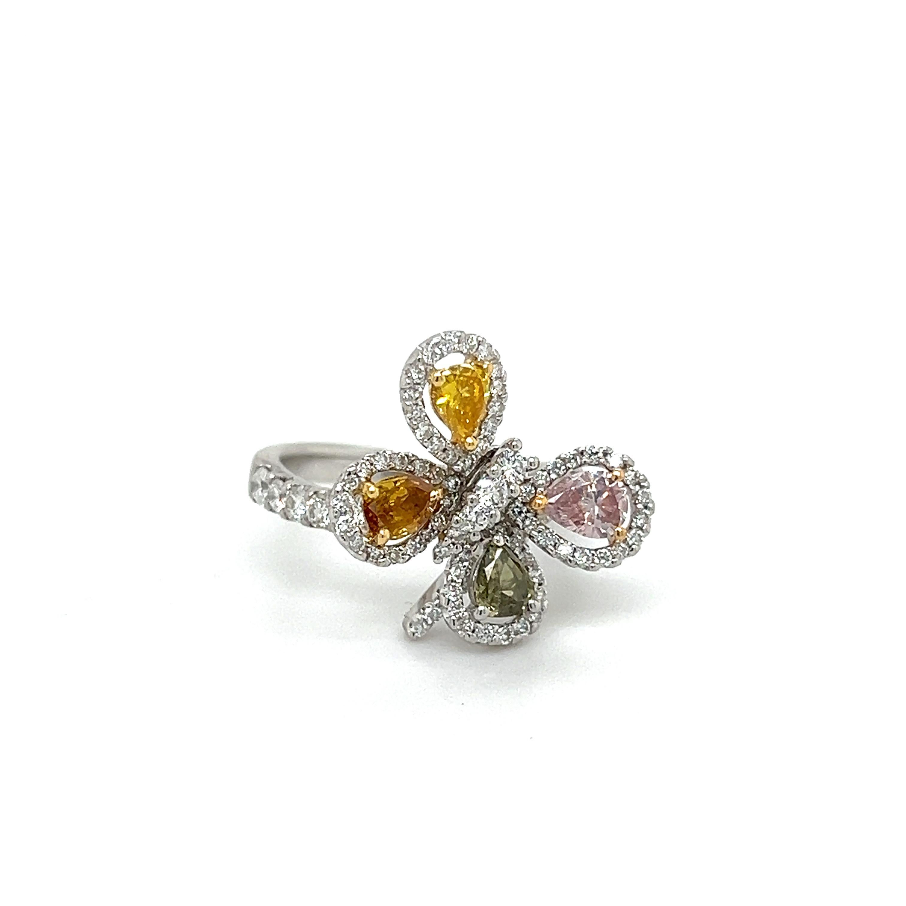 Modern Pink Diamond Butterfly Design Fancy Color Cocktail Ring 18k White Gold For Sale