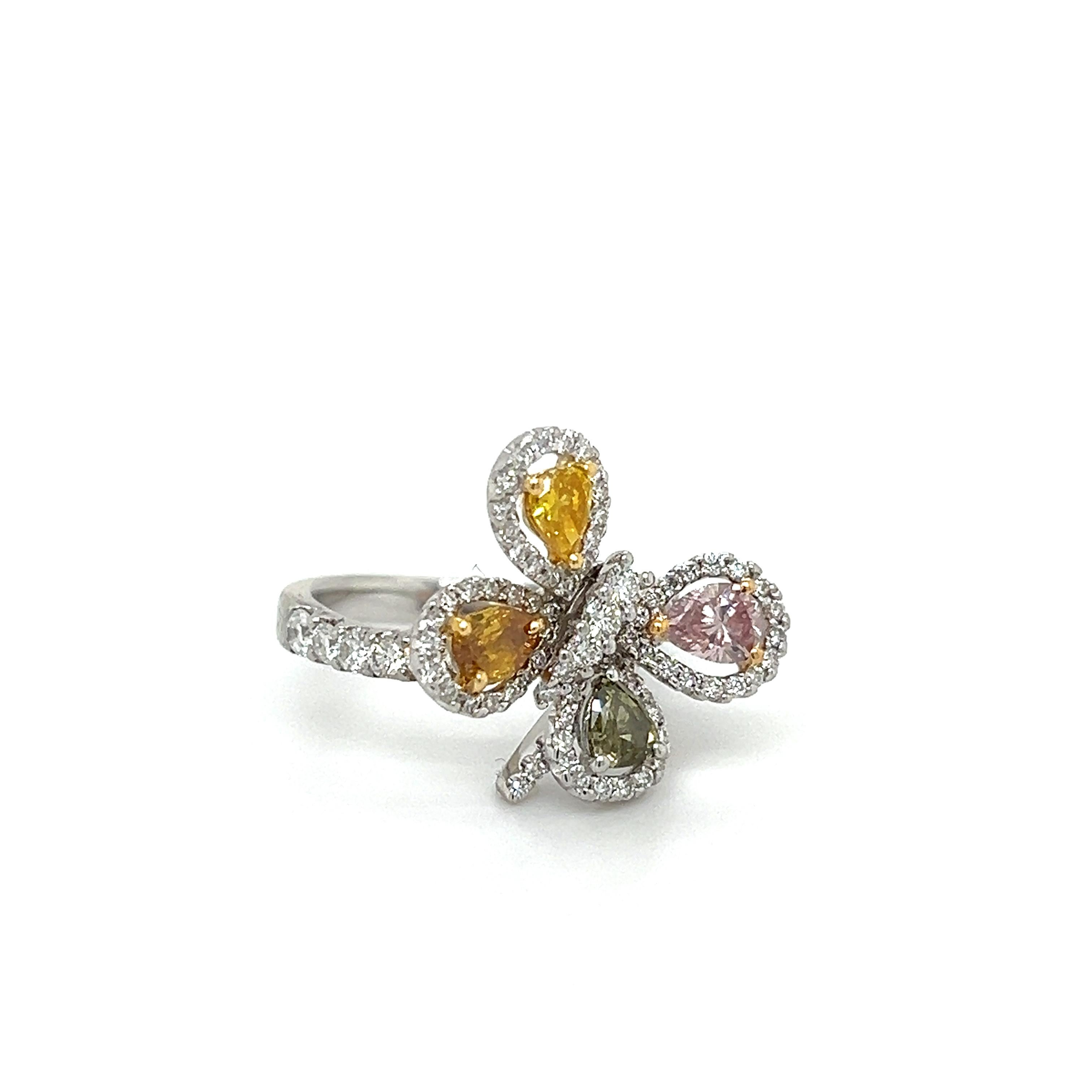 Pear Cut Pink Diamond Butterfly Design Fancy Color Cocktail Ring 18k White Gold For Sale