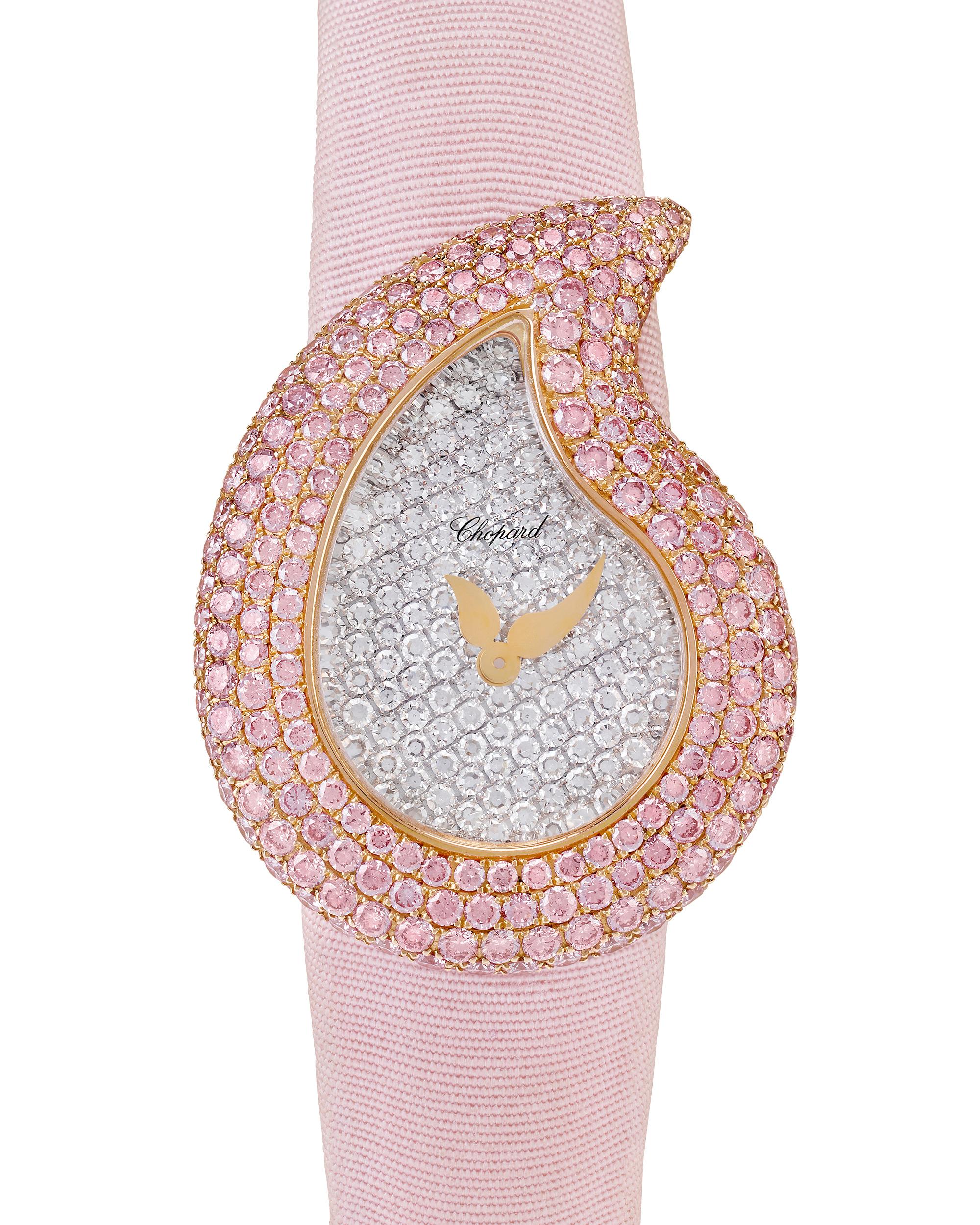 Simply stunning in every sense, this limited edition Chopard quartz watch is the essence of luxury. Part of the Casmir collection, this timepiece boasts 334 natural fancy pink diamonds weighing 3.38 total carats and 0.91 carats of white diamonds
