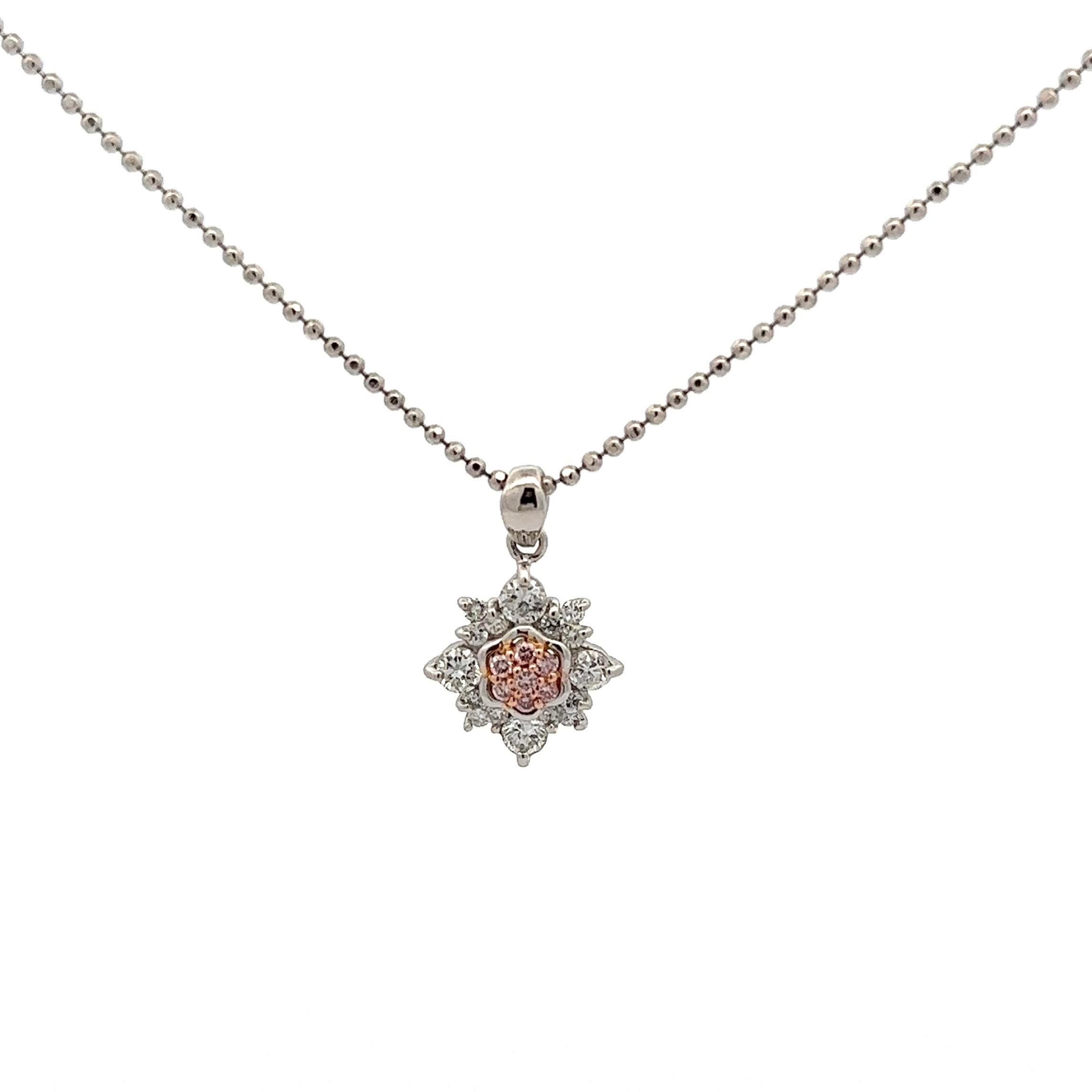 Simply Beautiful! Diamond Platinum Cluster Star Drop Pendant Necklace. Centering securely Hand set 0.06 Carat Pink Sapphires, surrounded by Diamonds approx. 0.45tcw. Suspended from a Ball Link Chain, approx. 16” long. Pendant dimensions: 0.68” L x