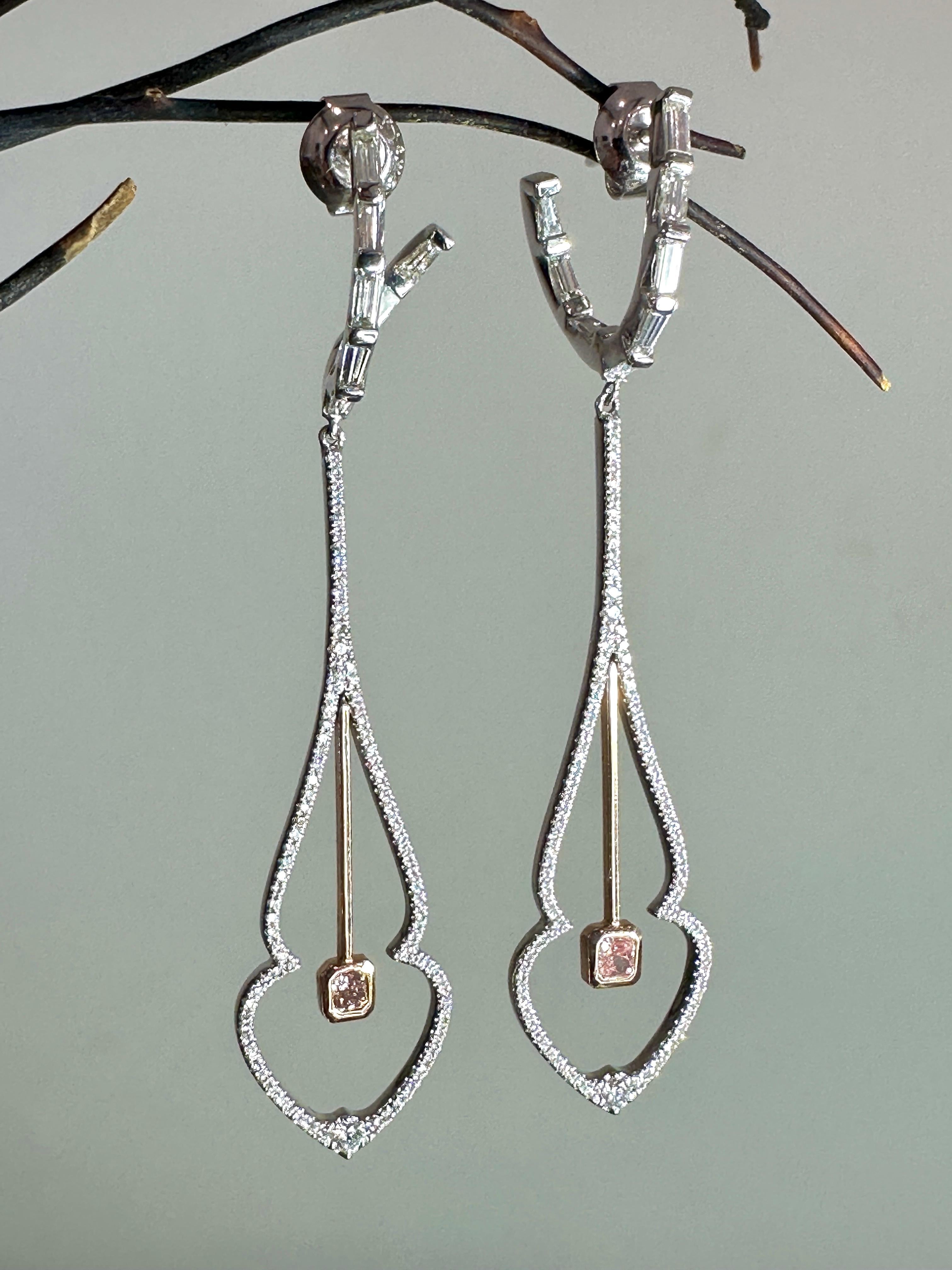 Romantic Pink Diamond Drop Earrings 18k White and Rose Gold For Sale