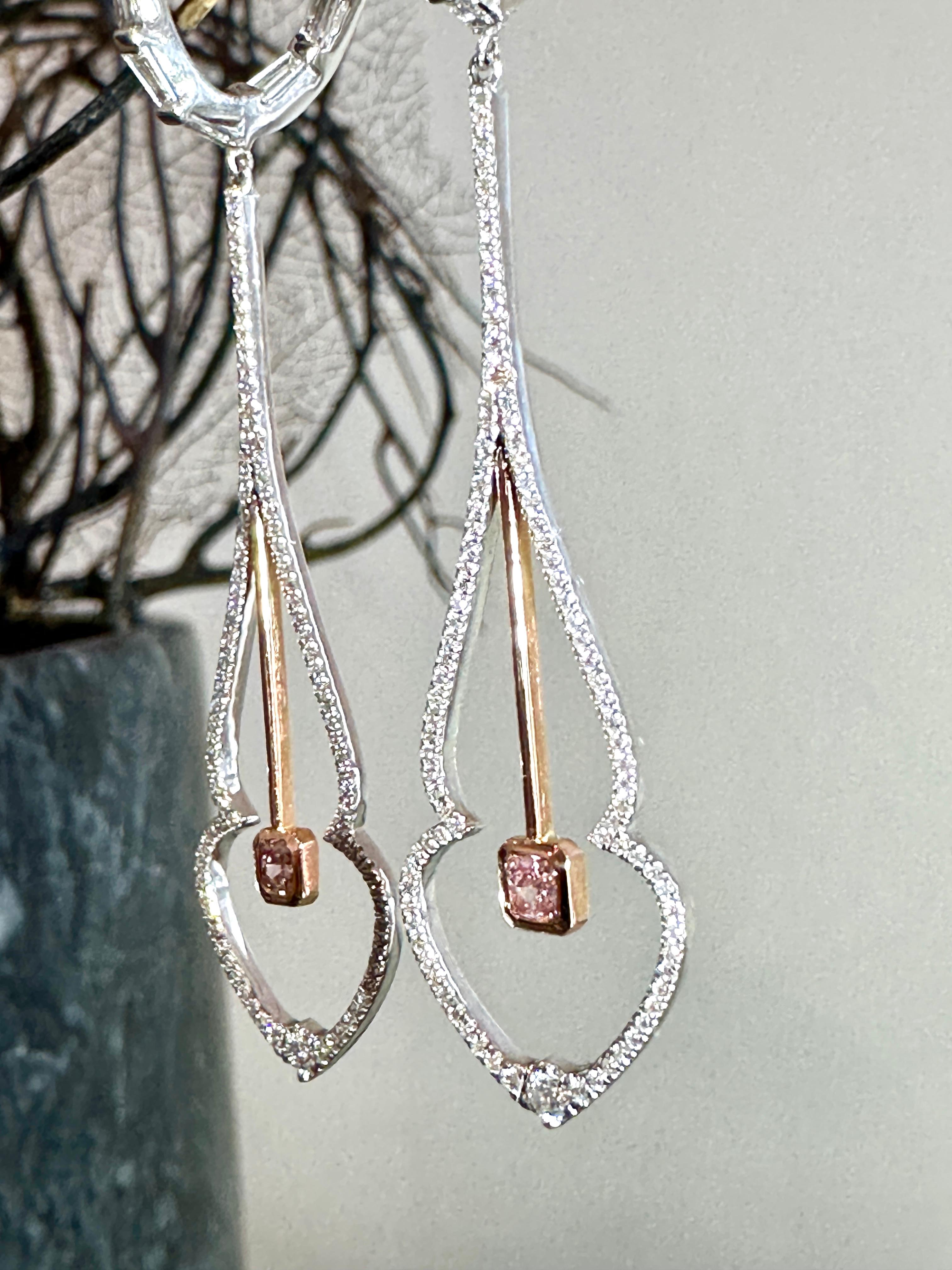 Asscher Cut Pink Diamond Drop Earrings 18k White and Rose Gold For Sale