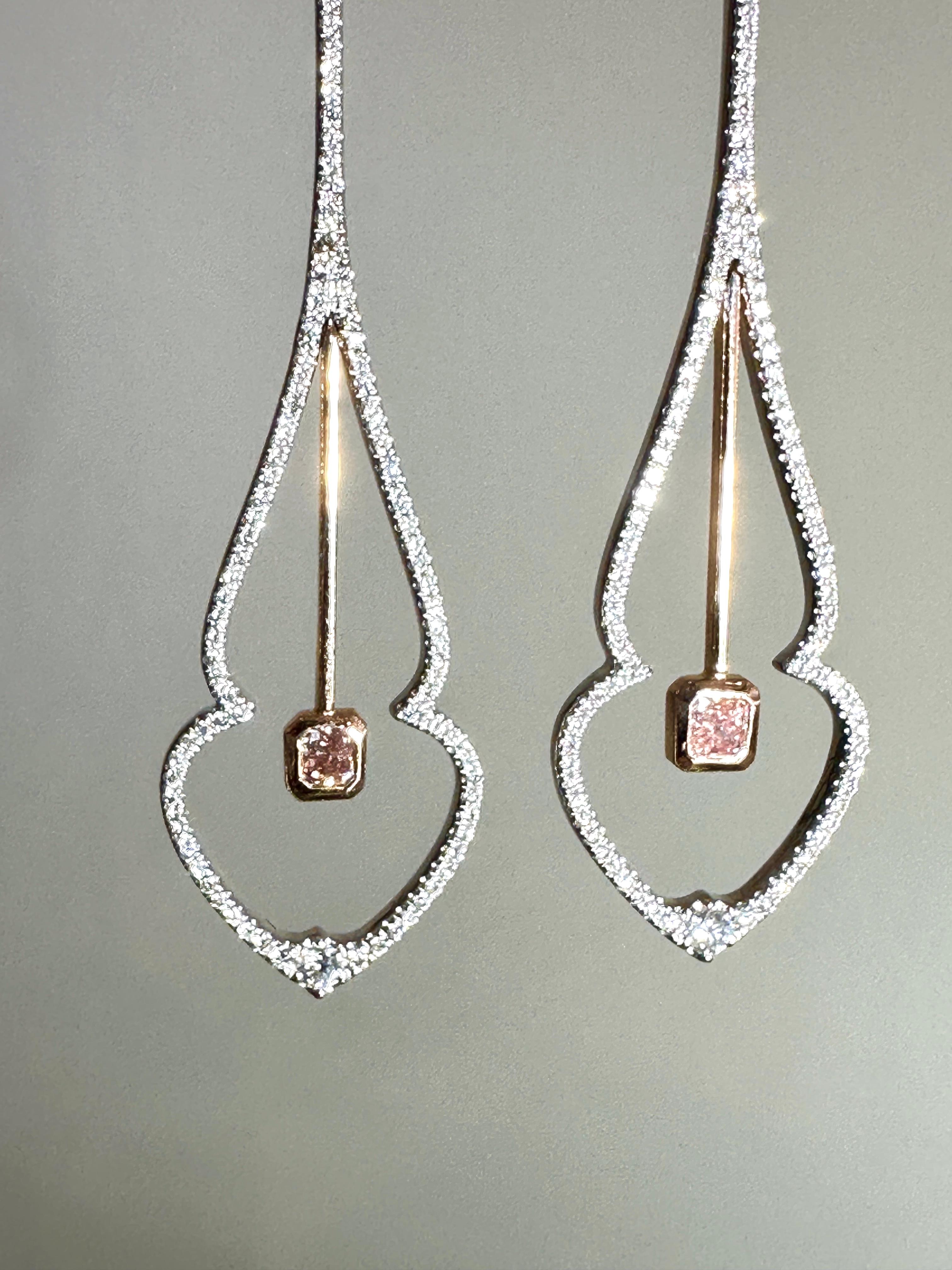 Pink Diamond Drop Earrings 18k White and Rose Gold In New Condition For Sale In Rhinebeck, NY